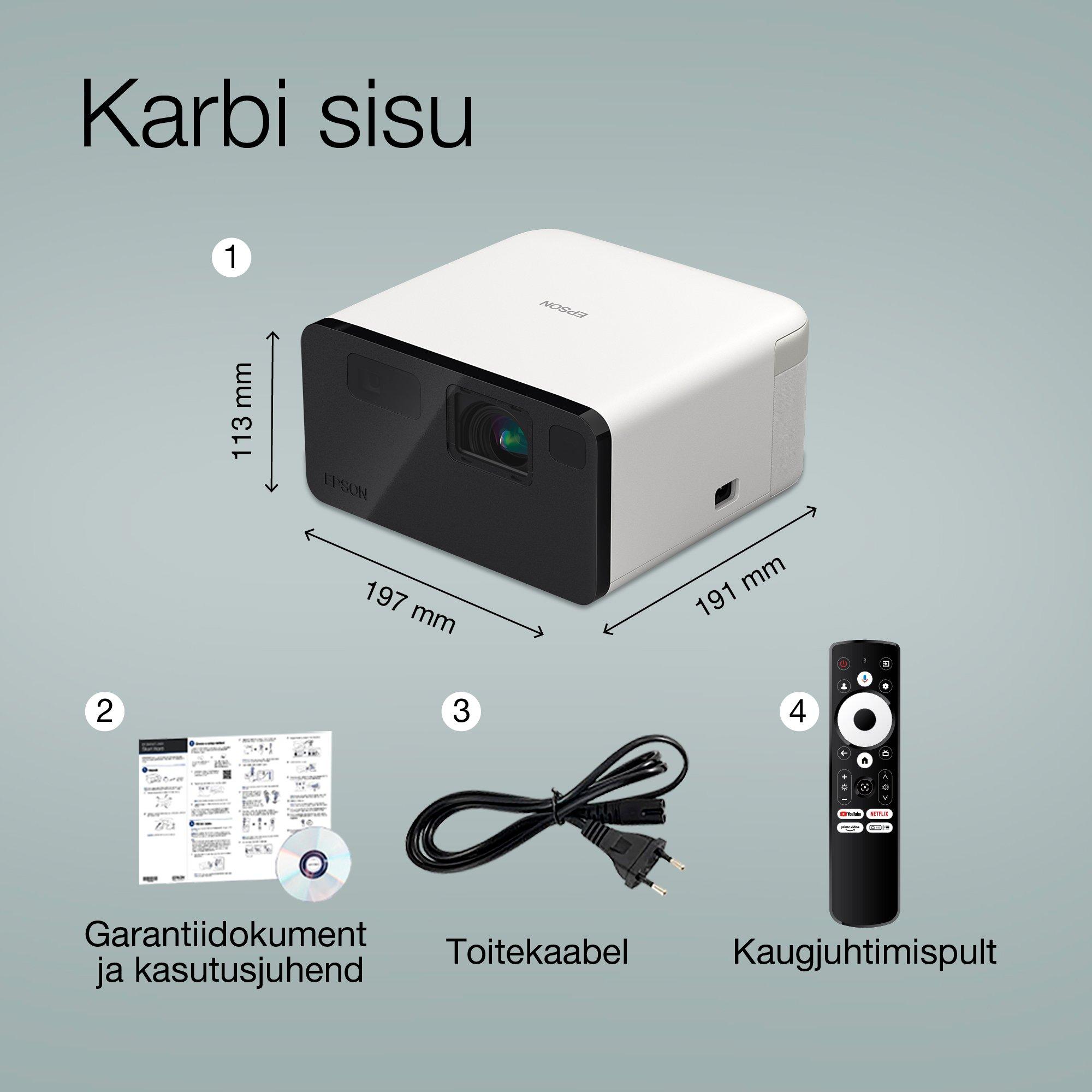 Epson EF-21W, Mini laserprojektor, 1 000 luumenit, kuni 150-tolline ekraan, Google TV™ ja Bluetooth-kõlar, kaasaskantav whats in the box