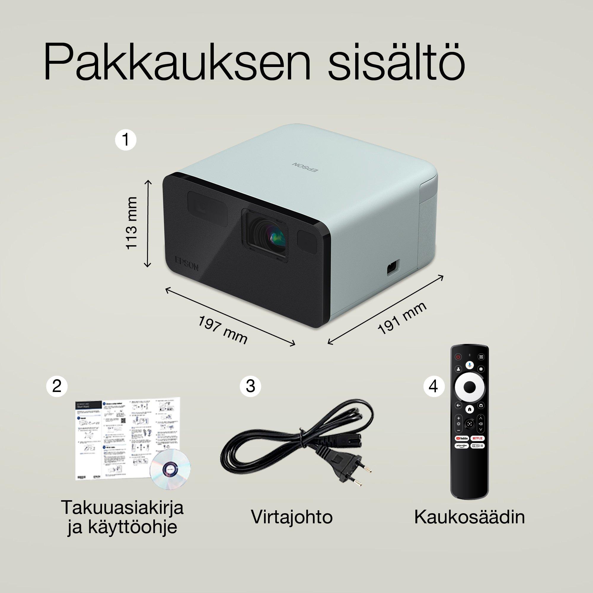 Epson EF-21G, Mini laserprojektori, 1 000 lumenia, jopa 150 tuuman näyttö, Google TV™ ja Bluetooth-kaiutin, kannettava whats in the box