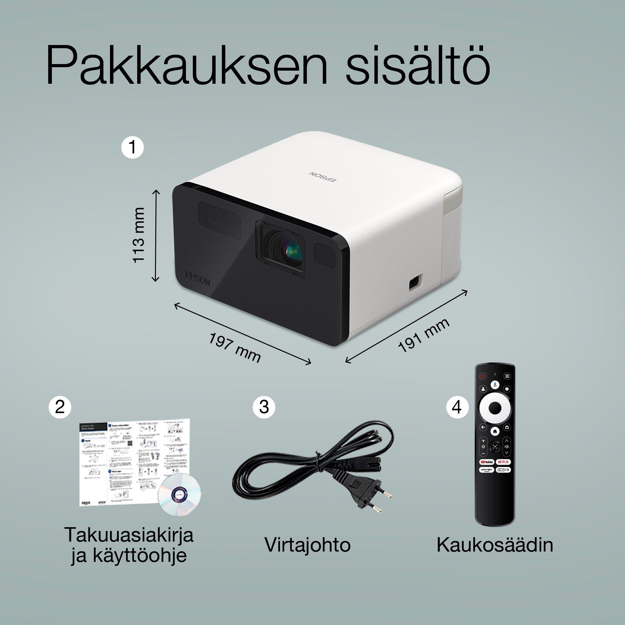 Epson EF-21W, Mini laserprojektori, 1 000 lumenia, jopa 150 tuuman näyttö, Google TV™ ja Bluetooth-kaiutin, kannettava whats in the box
