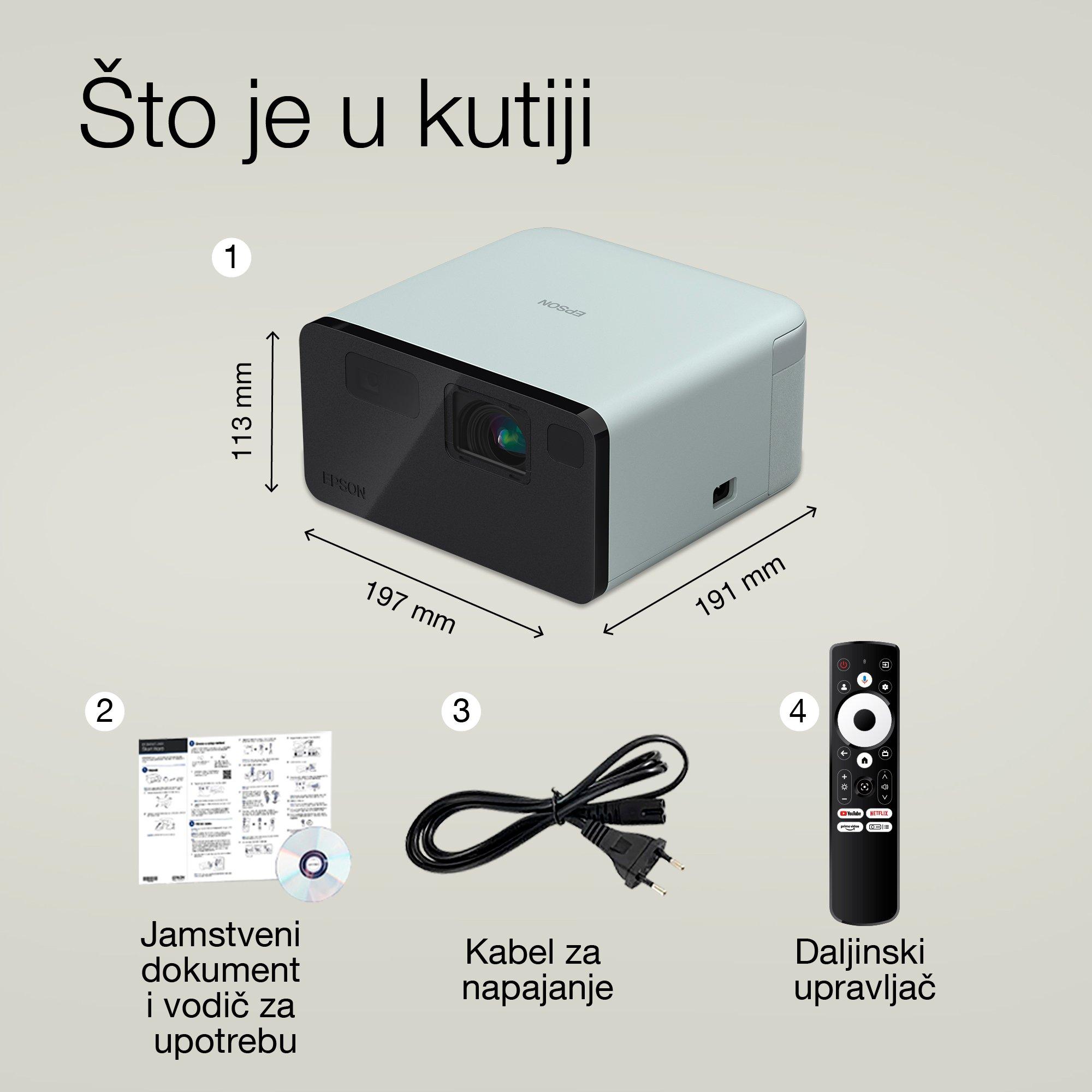 Epson EF-21G, mini laserski projektor, 1.000 lumena, zaslon do 150 inča, Google TV™ i Bluetooth zvučnik, prijenosni whats in the box
