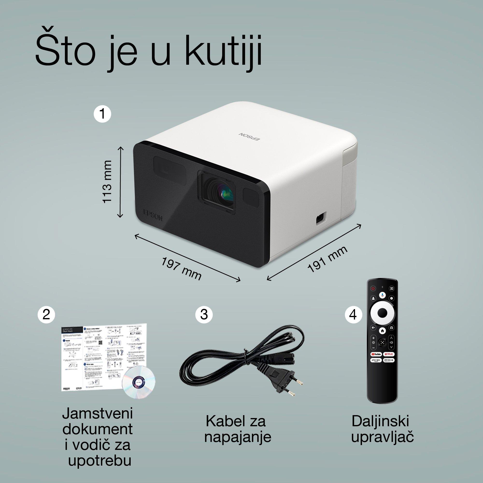 Epson EF-21W, mini laserski projektor, 1.000 lumena, zaslon do 150 inča, Google TV™ i Bluetooth zvučnik, prijenosni whats in the box