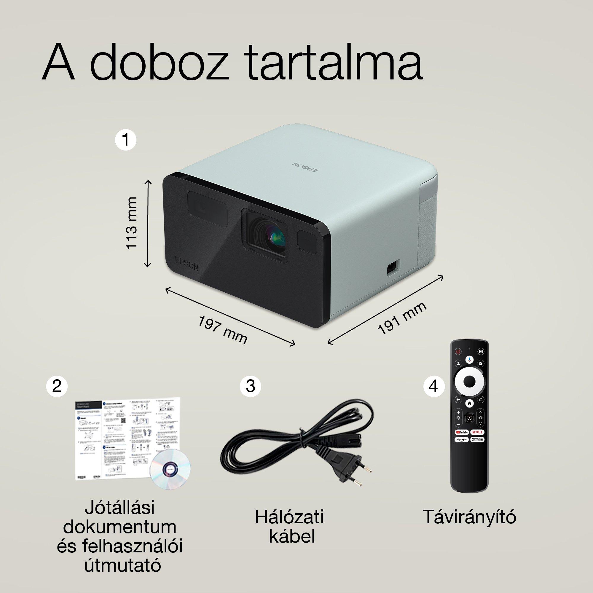 Epson EF-21G, mini lézerprojektor, 1 000 lumen, akár 150 hüvelykes kijelző, Google TV™ és Bluetooth hangszóró, hordozható whats in the box