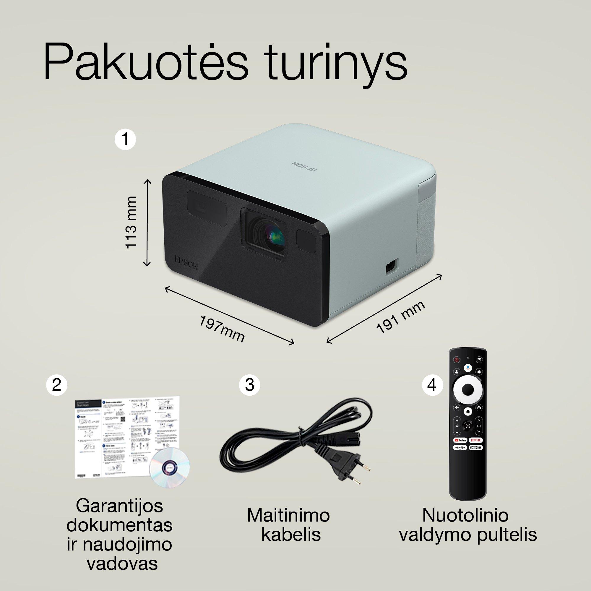 Epson EF-21G, mini lazerinis projektorius, 1 000 liumenų, iki 150 colių ekranas, Google TV™ ir „Bluetooth“ garsiakalbis, nešiojamas whats in the box