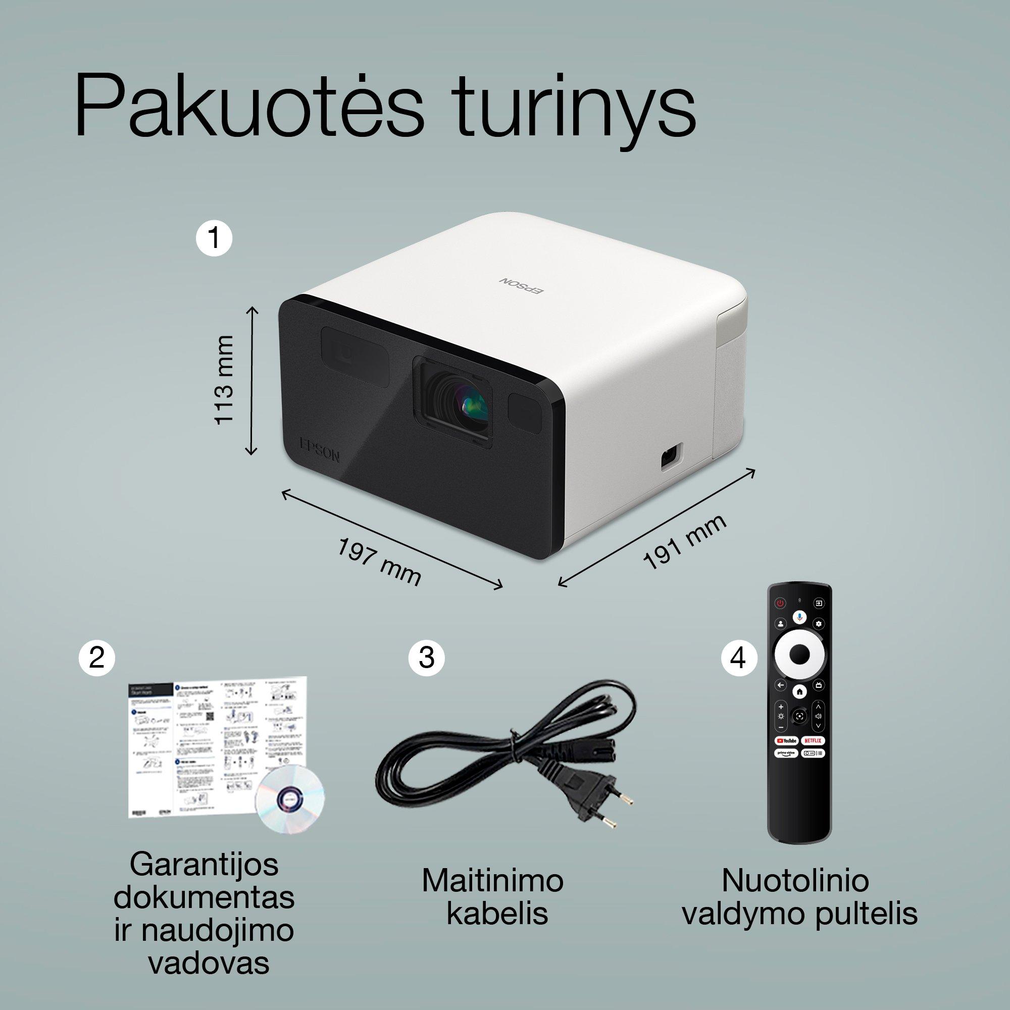 Epson EF-21W, mini lazerinis projektorius, 1 000 liumenų, iki 150 colių ekranas, Google TV™ ir „Bluetooth“ garsiakalbis, nešiojamas whats in the box