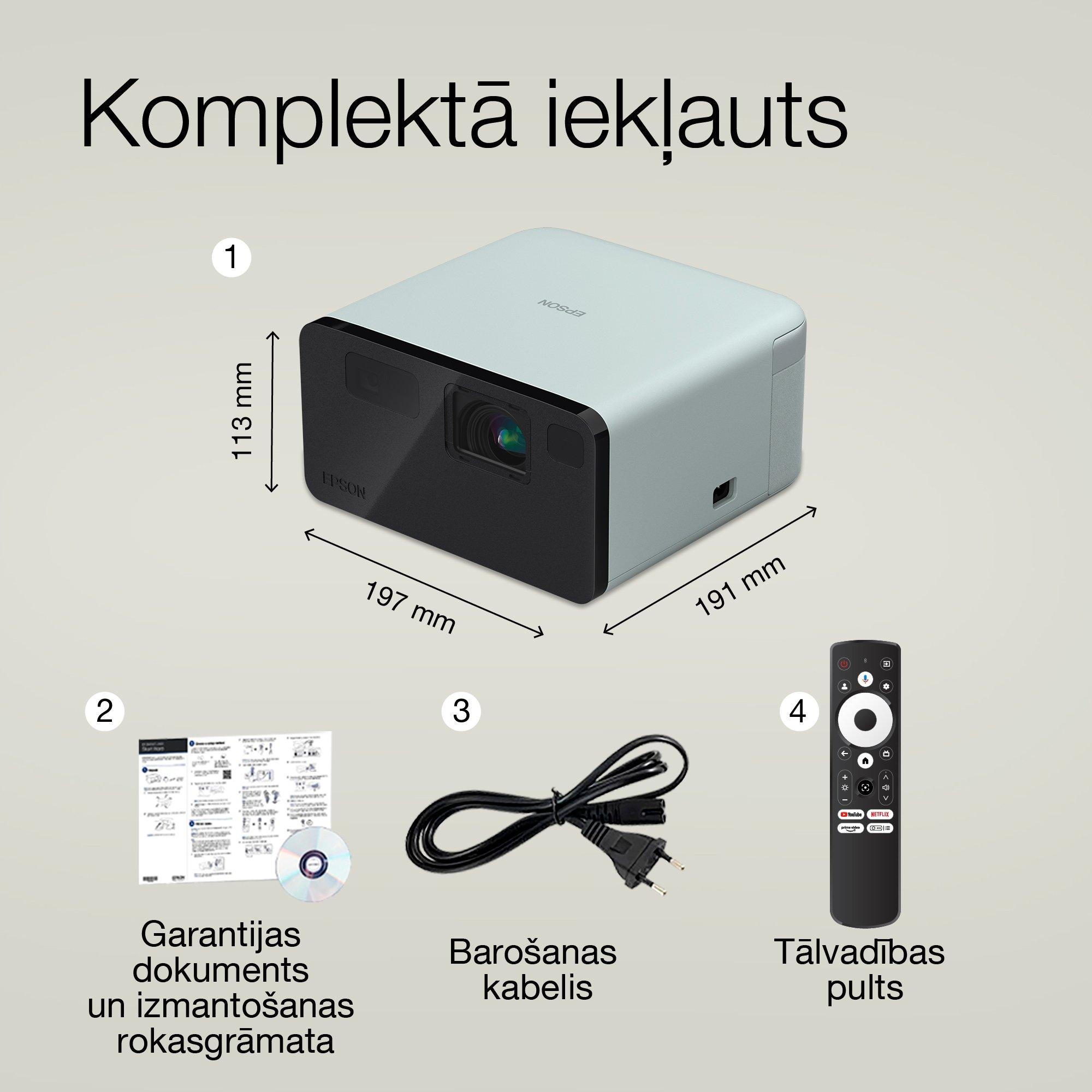 Epson EF-21G, mini lāzera projektors, 1 000 lūmenu, līdz 150 collu displejs, Google TV™ un Bluetooth skaļrunis, pārnēsājams whats in the box