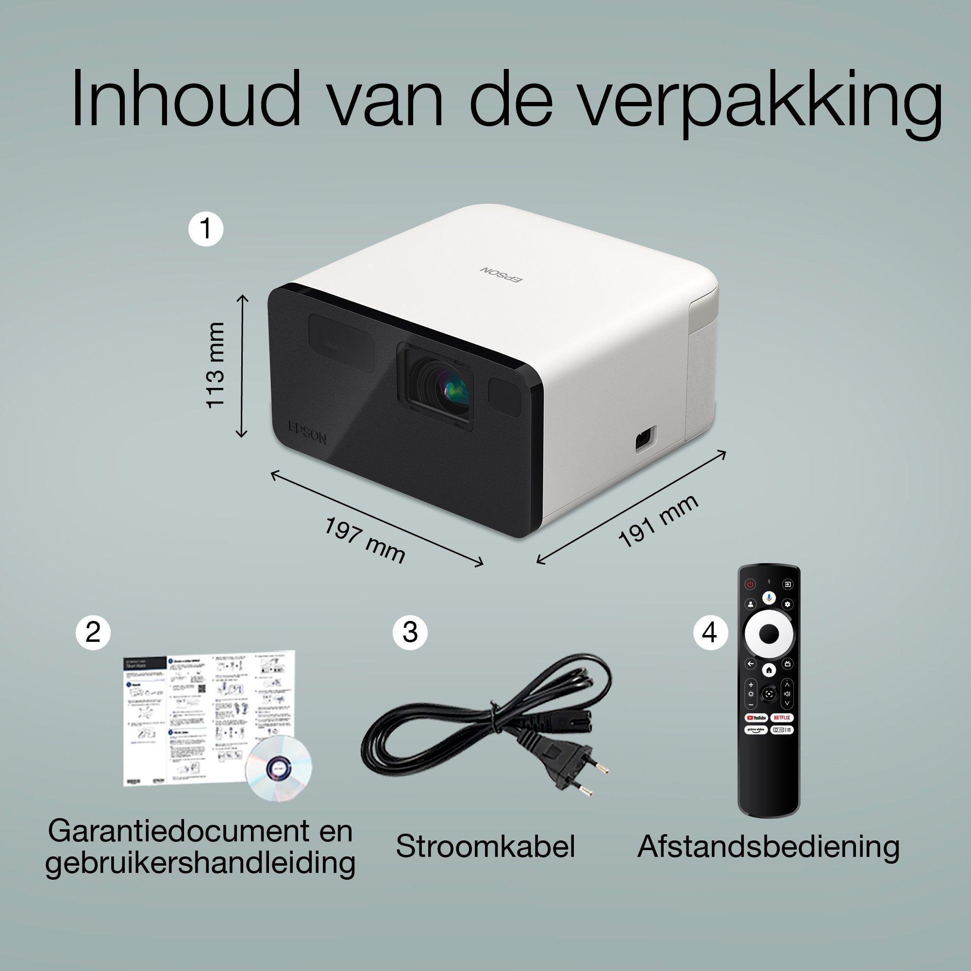 Epson EF-21W, mini-laserprojector, 1.000 lumen, scherm tot 150 inch, Google TV™ en Bluetooth-luidspreker, draagbaar whats in the box