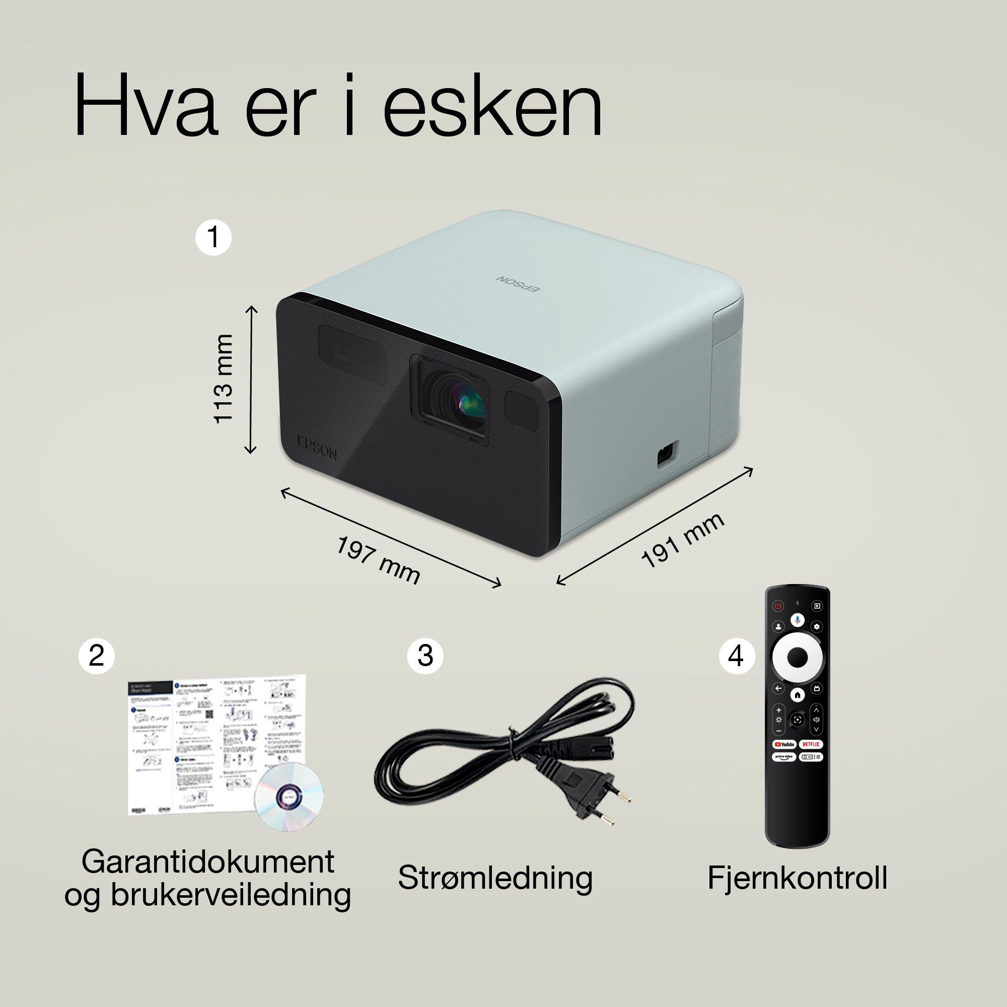 Epson EF-21G, mini laserprojektor, 1 000 lumen, opptil 150 tommers skjerm, Google TV™ og Bluetooth-høyttaler, bærbar whats in the box