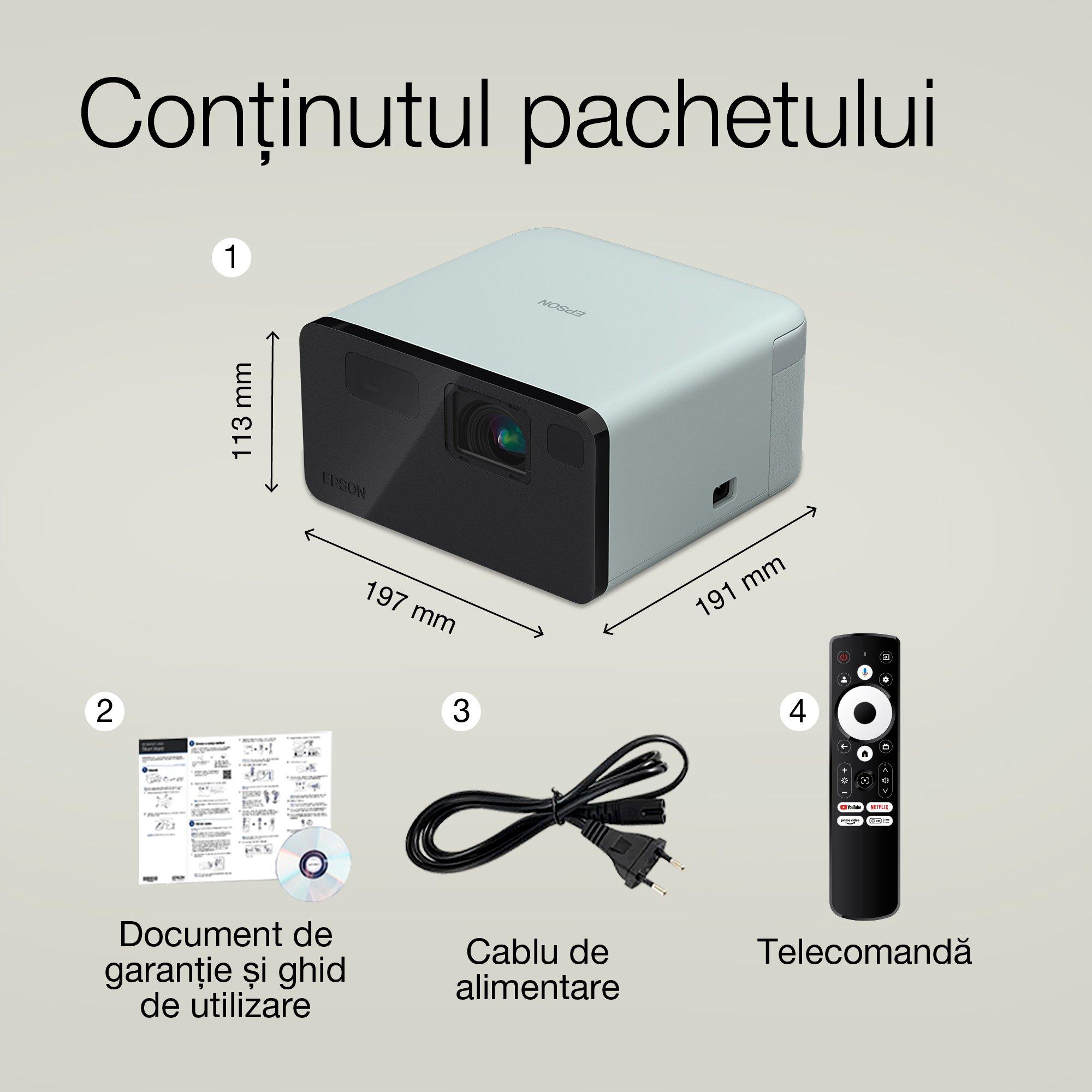 Epson EF-21G, mini proiector laser, 1.000 lumeni, ecran de până la 150 inci, Google TV™ și difuzor Bluetooth, portabil whats in the box