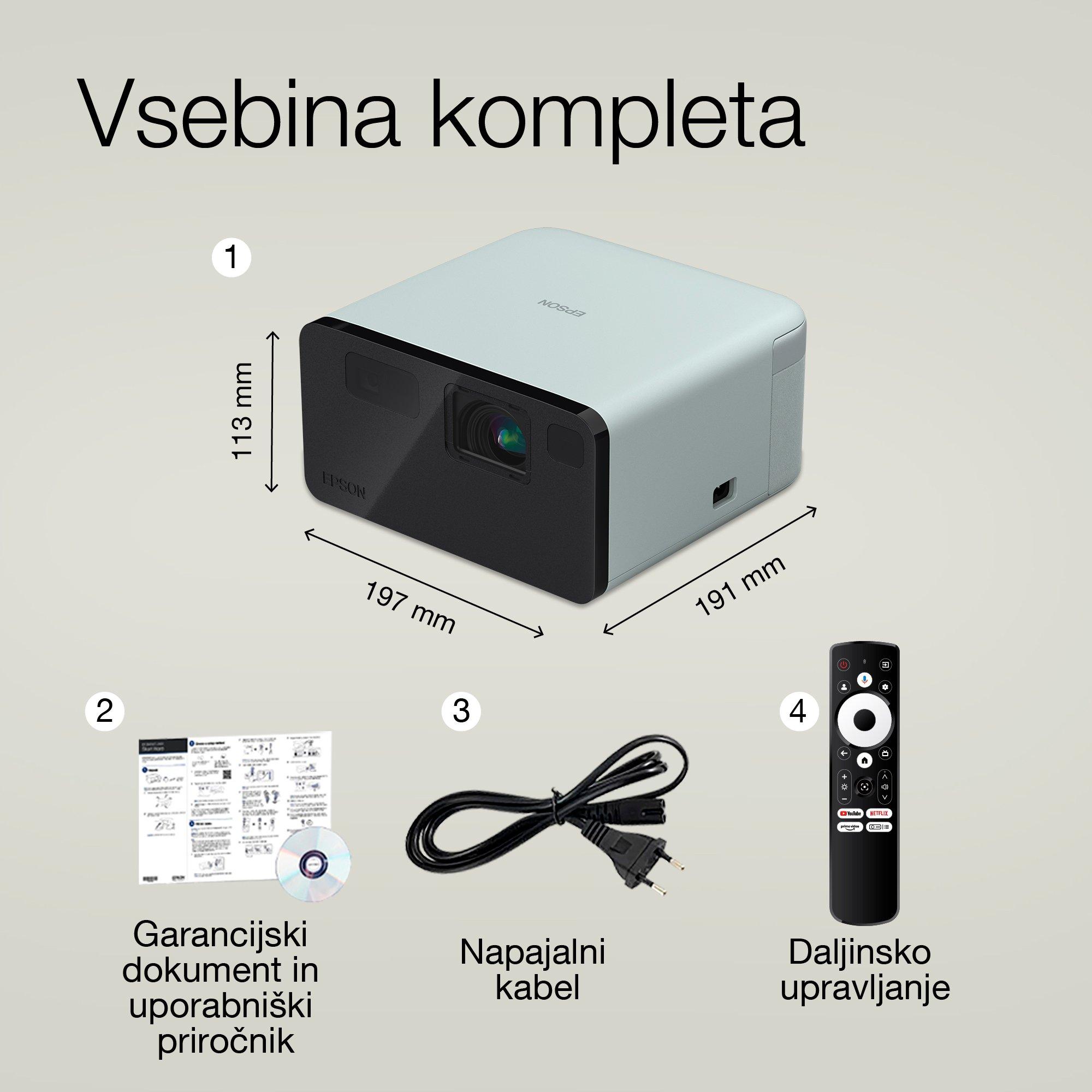 Epson EF-21G, mini laserski projektor, 1.000 lumnov, zaslon do 150 palcev, Google TV™ in Bluetooth zvočnik, prenosljiv whats in the box