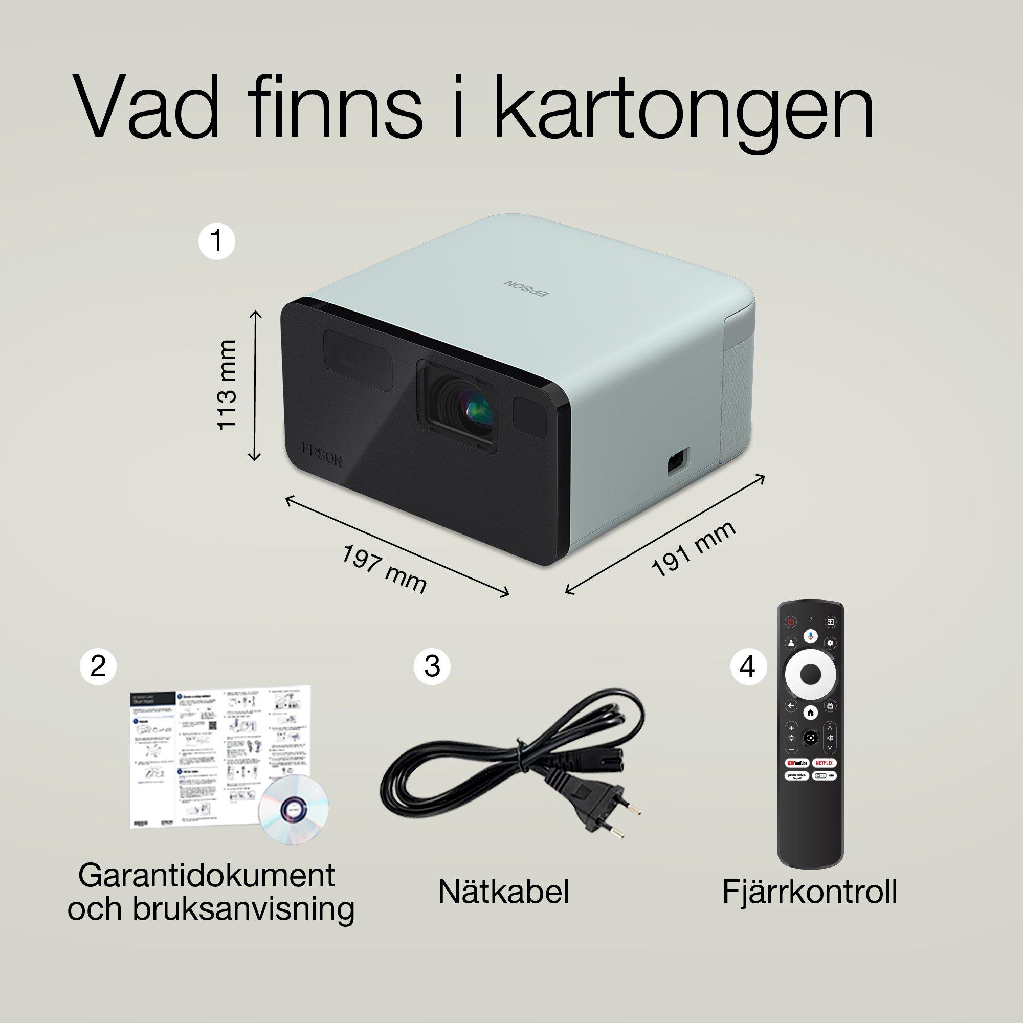 Epson EF-21G, minilaserprojektor, 1 000 lumen, upp till 150-tumsbild, Google TV™ och Bluetooth-högtalare, bärbar whats in the box