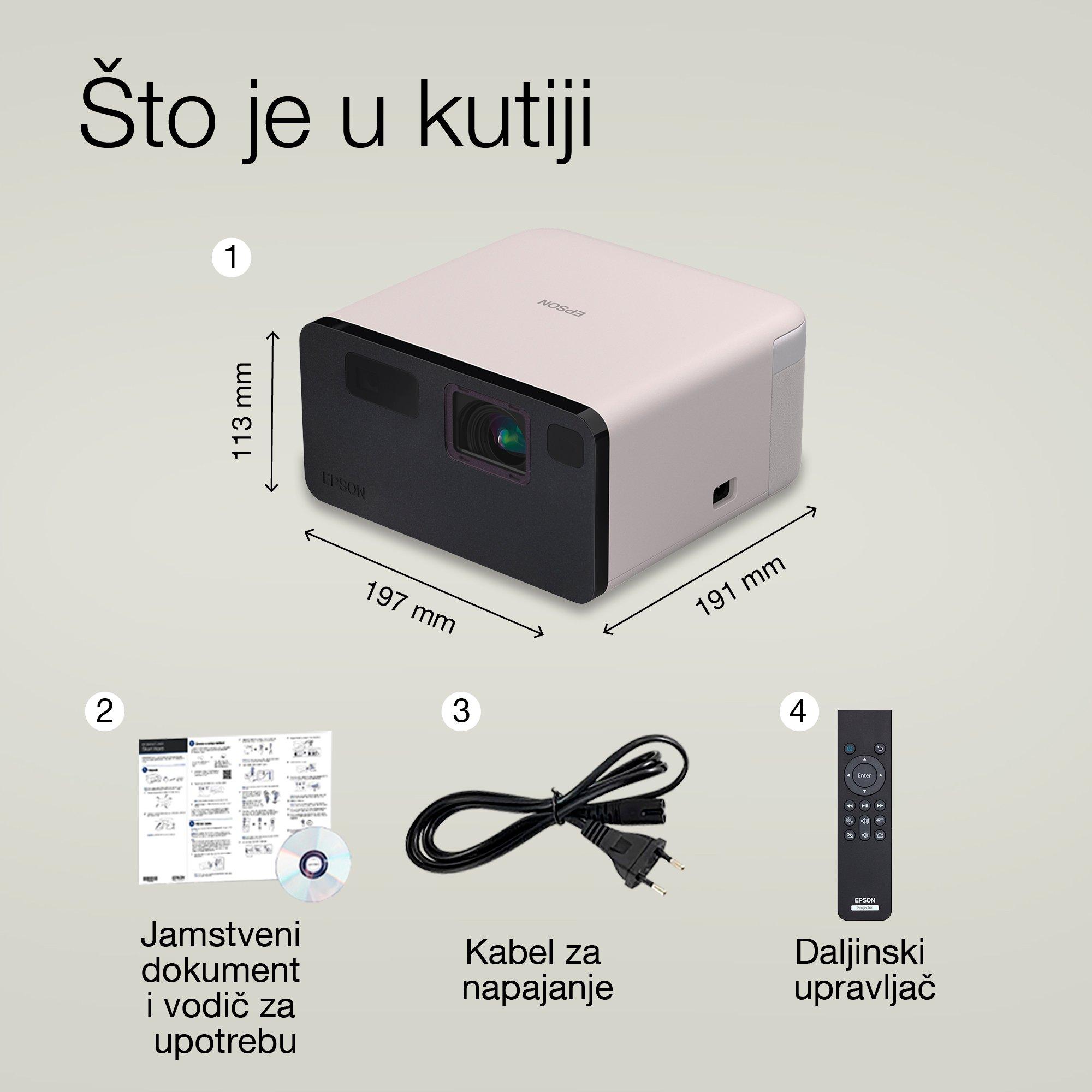 Epson EF-21R, mini laserski projektor, 1.000 lumena, zaslon do 150 inča, Google TV™ i Bluetooth zvučnik, prijenosni whats in the box