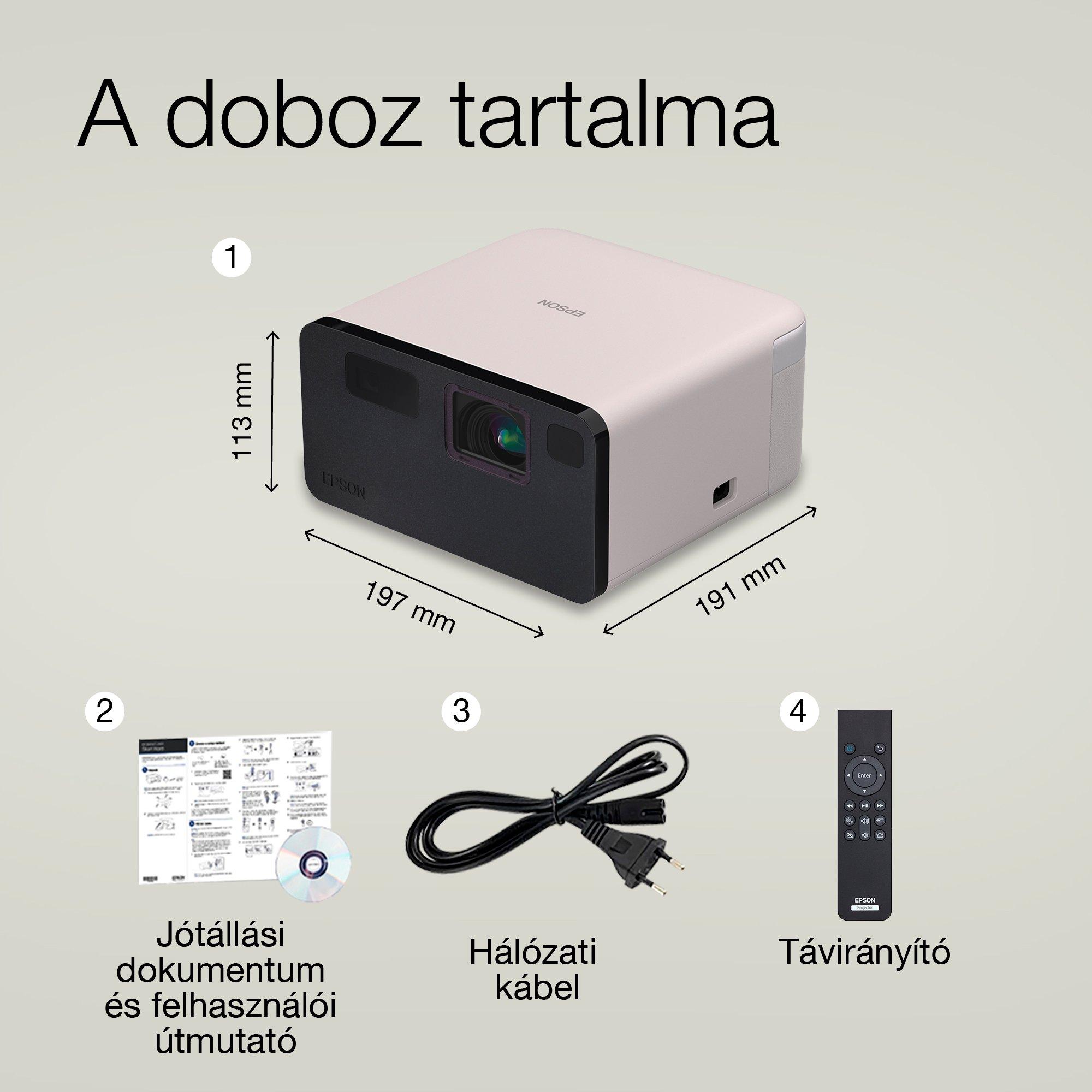 Epson EF-21R, mini lézerprojektor, 1 000 lumen, akár 150 hüvelykes kijelző, Google TV™ és Bluetooth hangszóró, hordozható whats in the box