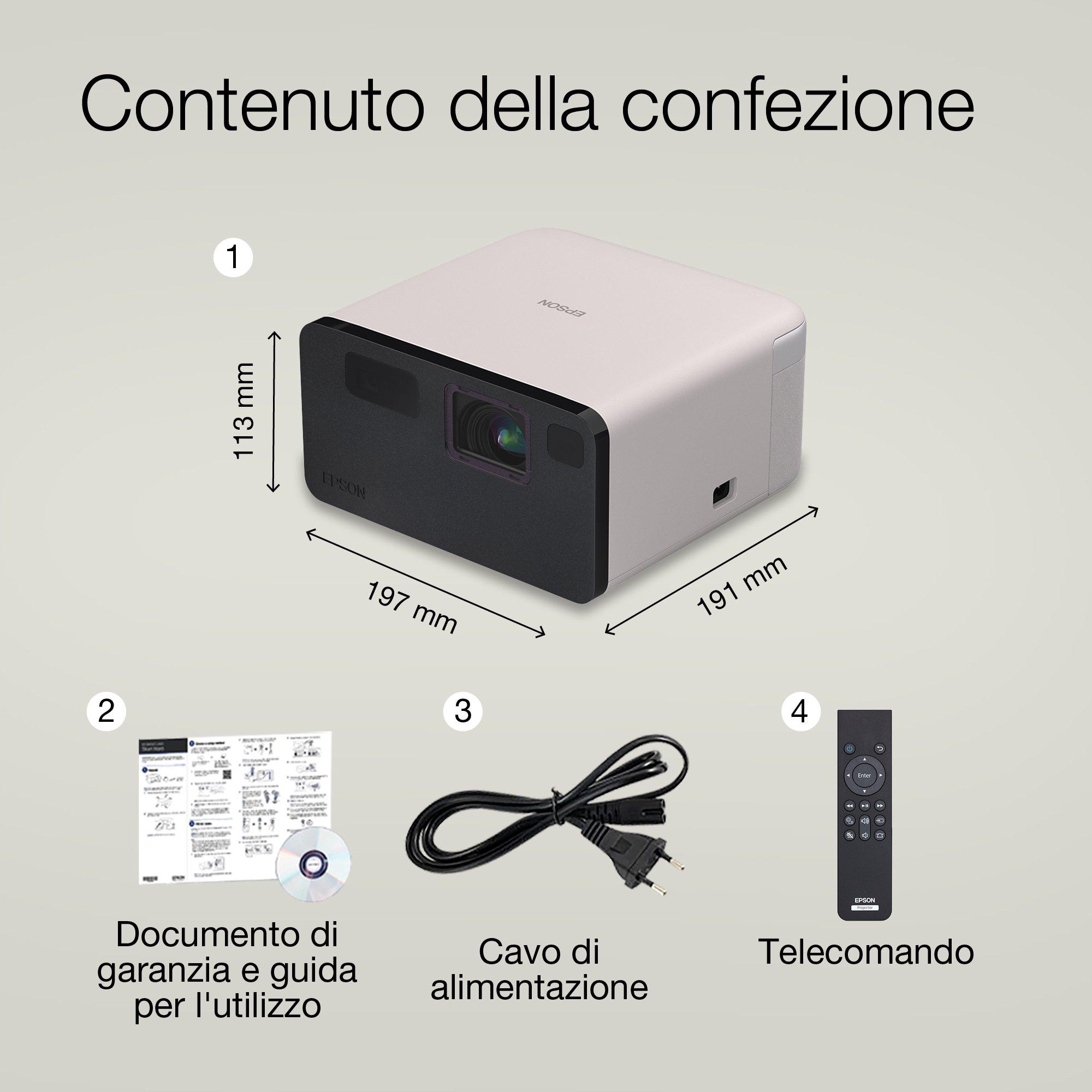 Epson EF-22B, videoproiettore laser compatto, 1.000 lumen, visualizzazione fino a 150 pollici, Google TV™ e altoparlante Bluetooth, portatile whats in the box