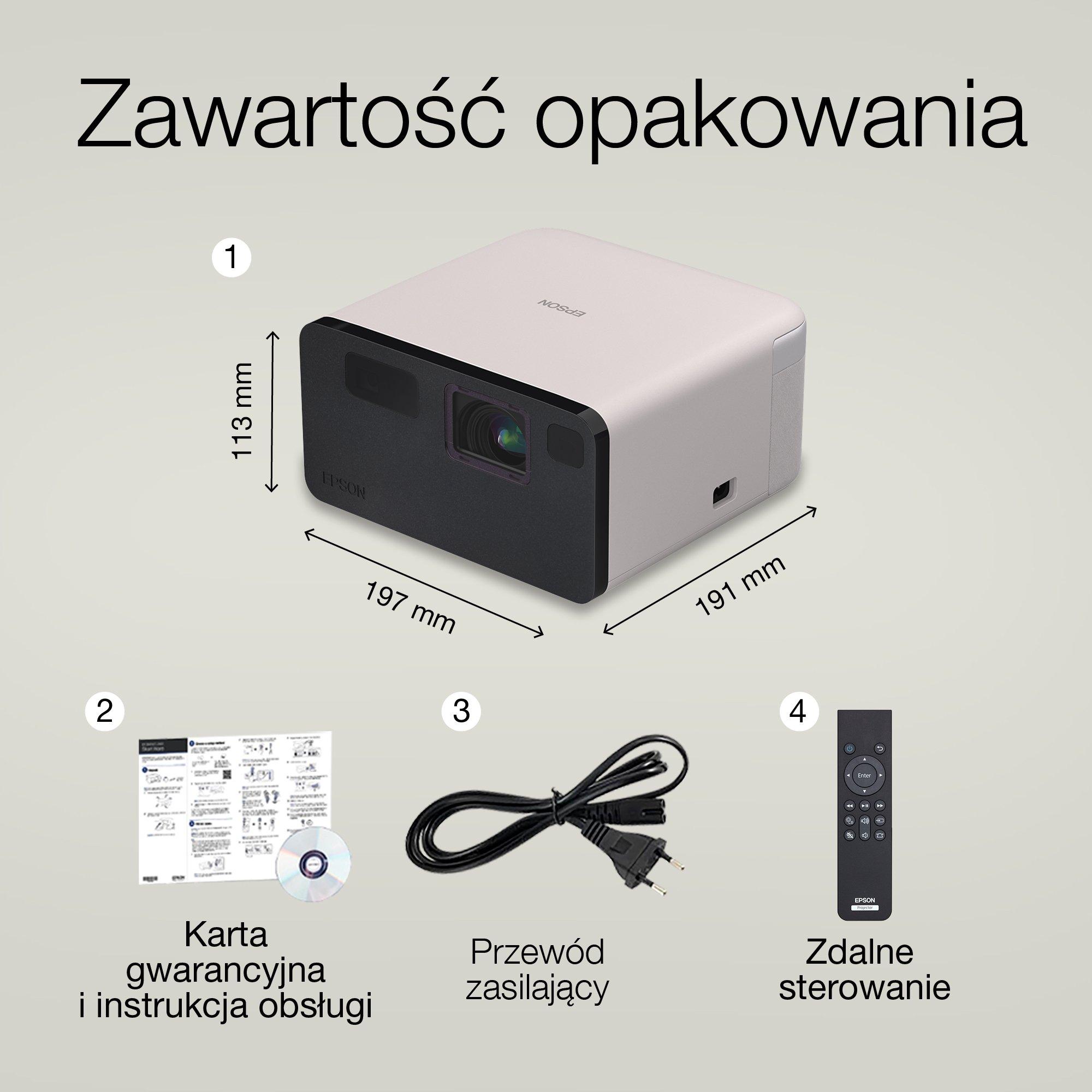 Epson EF-21R, mini projektor laserowy, 1 000 lumenów, obraz do 150 cali, Google TV™ i głośnik Bluetooth, przenośny whats in the box