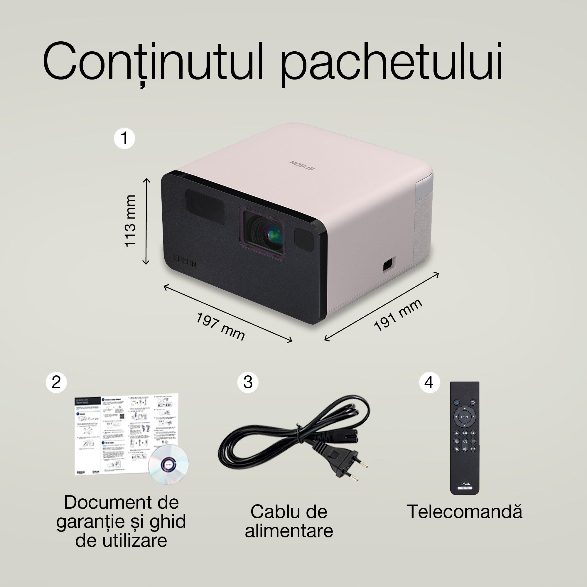 Epson EF-21R, mini proiector laser, 1.000 lumeni, ecran de până la 150 inci, Google TV™ și difuzor Bluetooth, portabil whats in the box