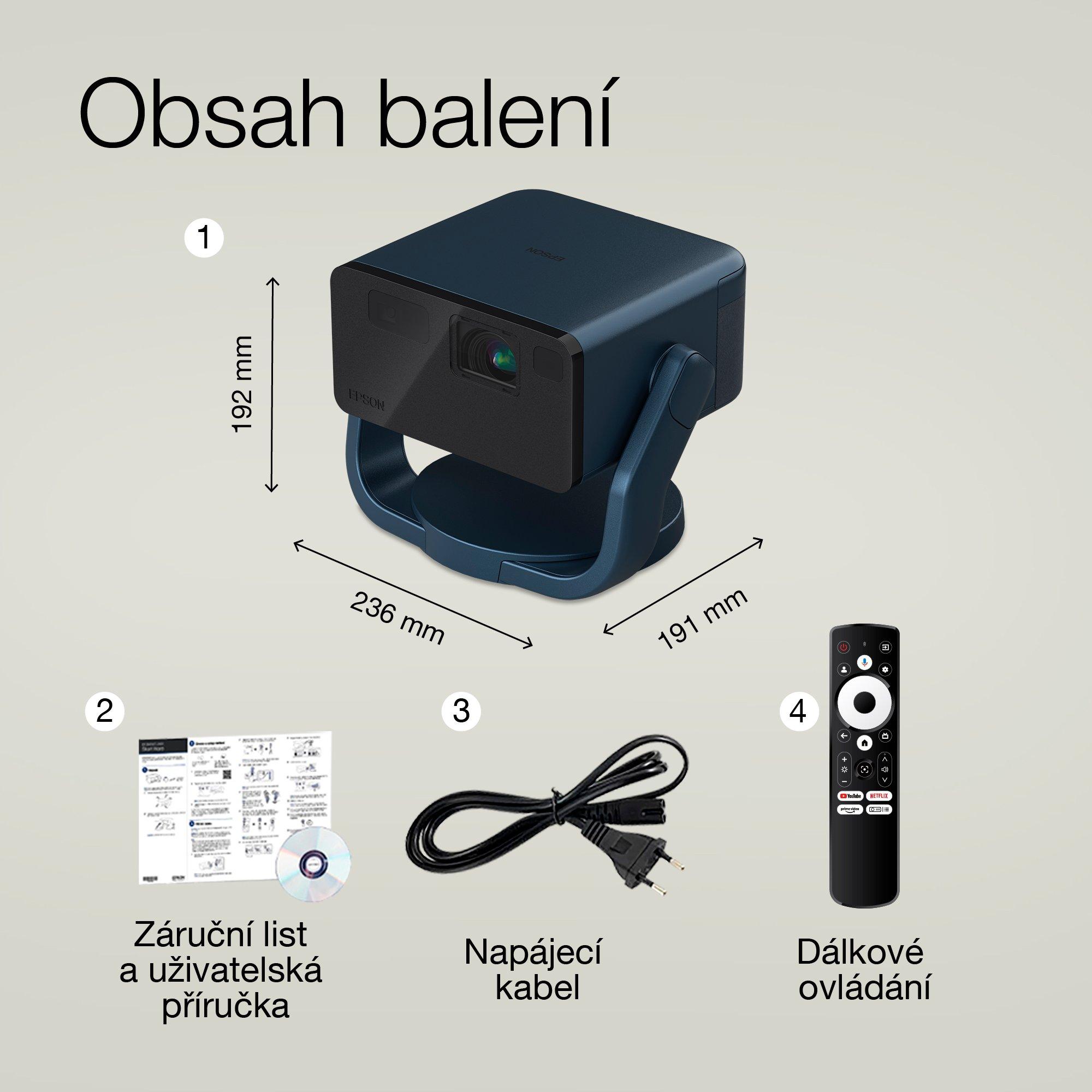 Epson EF-22N, Mini laserový projektor, 1 000 lumenů, obraz až 150 palců, Google TV™ a Bluetooth reproduktor, přenosný, s pevným stojanem whats in the box