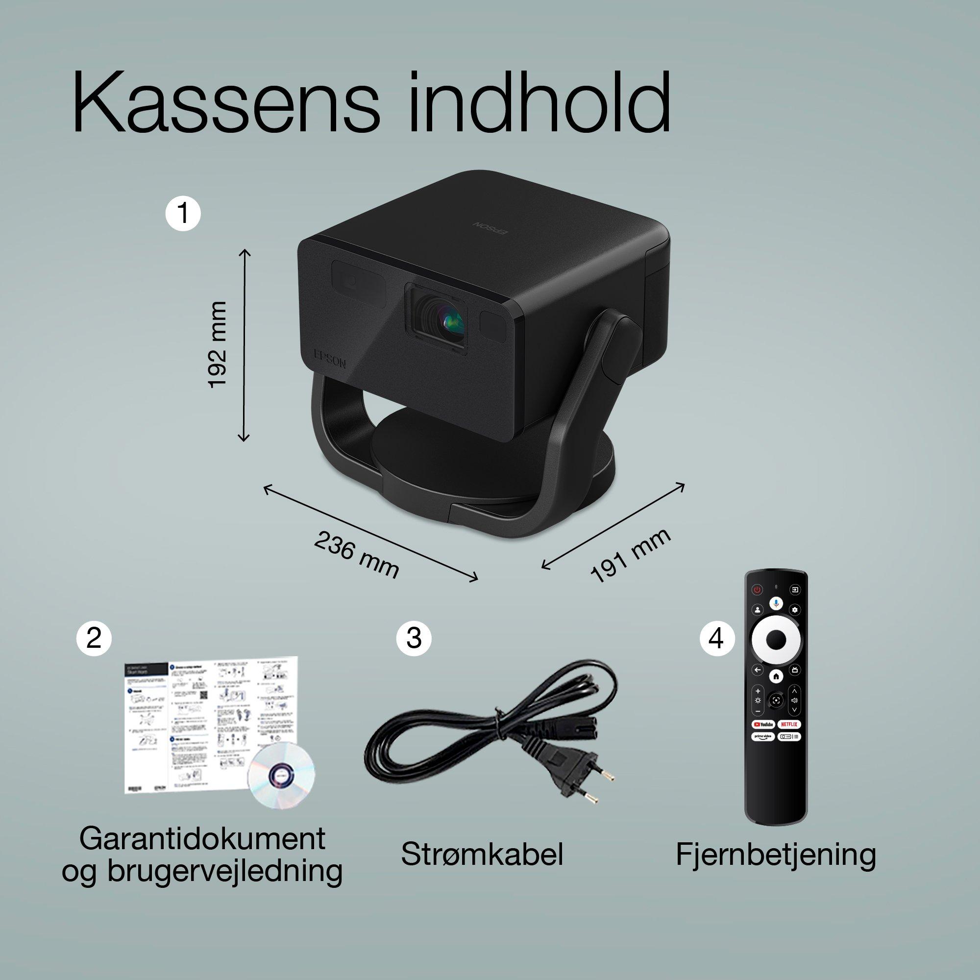 Epson EF-22B, Mini laserprojektor, 1.000 lumen, op til 150 tommer skærm, Google TV™ og Bluetooth-højttaler, bærbar, med fast stander whats in the box