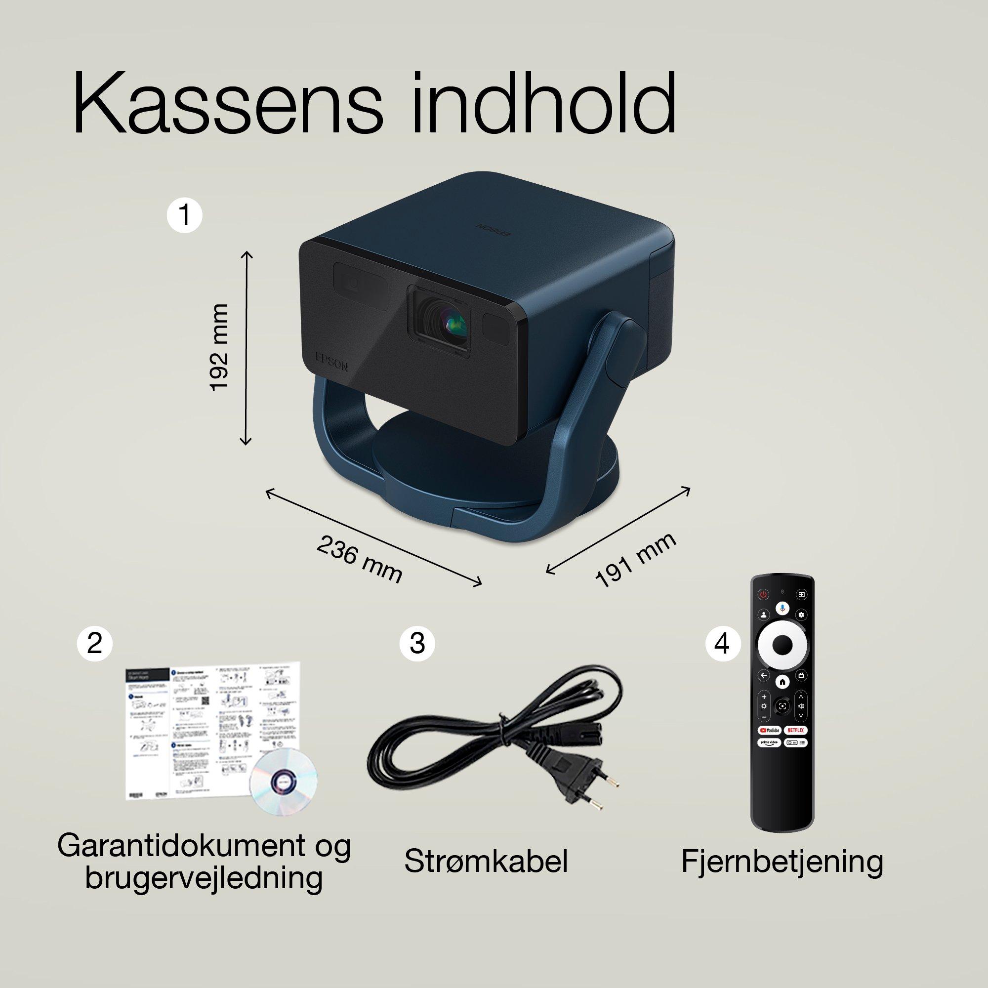Epson EF-22N, Mini laserprojektor, 1.000 lumen, op til 150 tommer skærm, Google TV™ og Bluetooth-højttaler, bærbar, med fast stander whats in the box