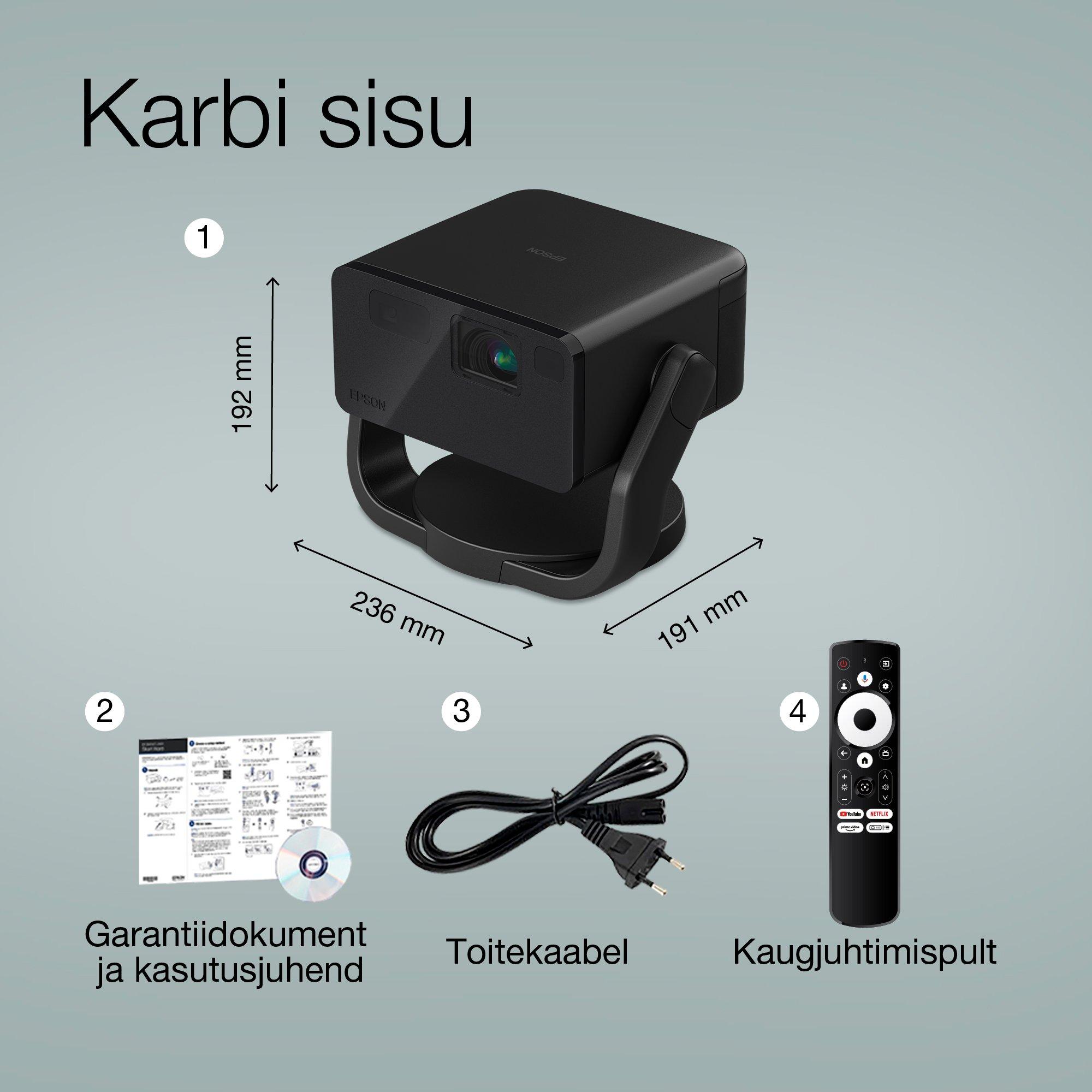 Epson EF-22B, Mini laserprojektor, 1 000 luumenit, kuni 150-tolline ekraan, Google TV™ ja Bluetooth-kõlar, kaasaskantav, fikseeritud alusega whats in the box