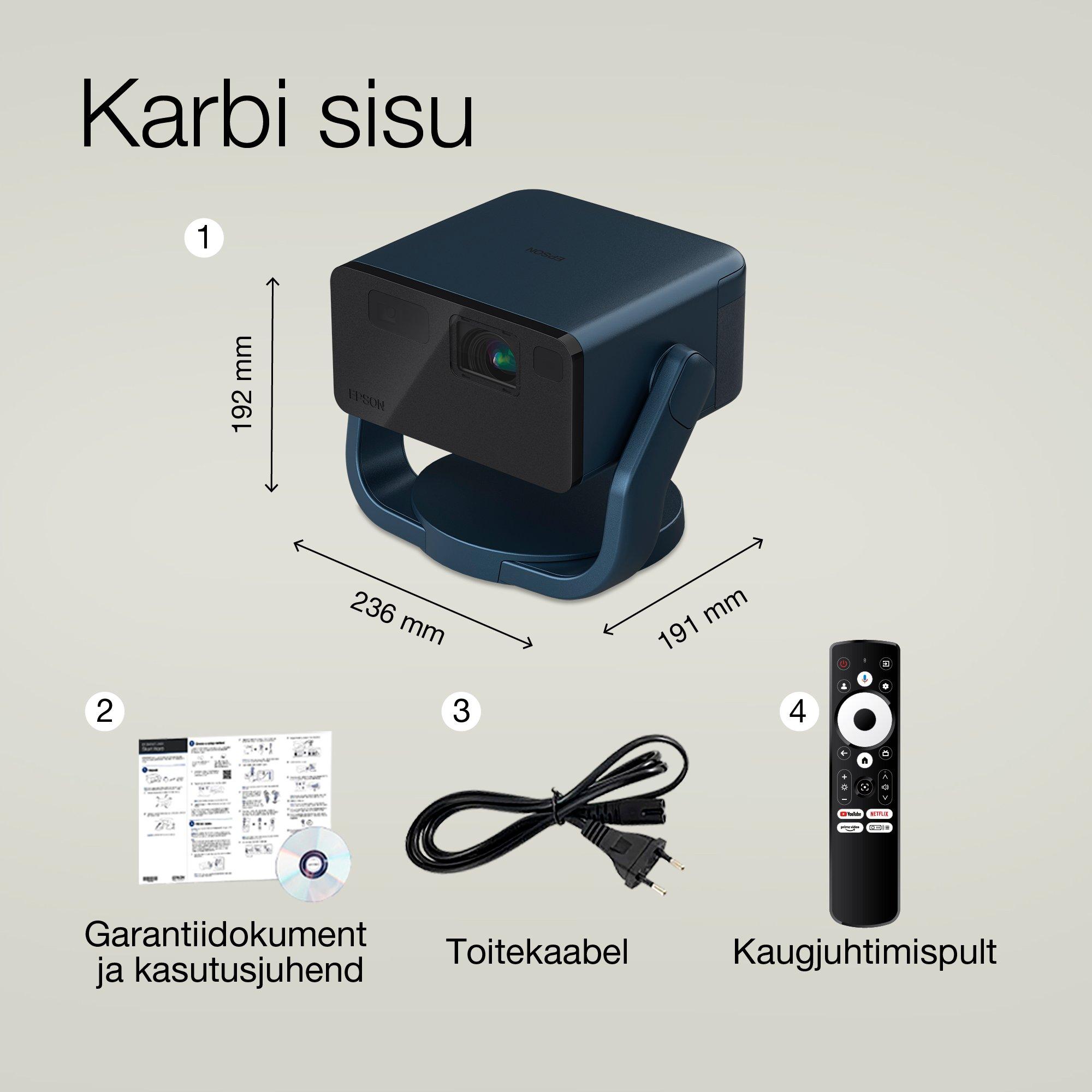 Epson EF-22N, Mini laserprojektor, 1 000 luumenit, kuni 150-tolline ekraan, Google TV™ ja Bluetooth-kõlar, kaasaskantav, fikseeritud alusega whats in the box