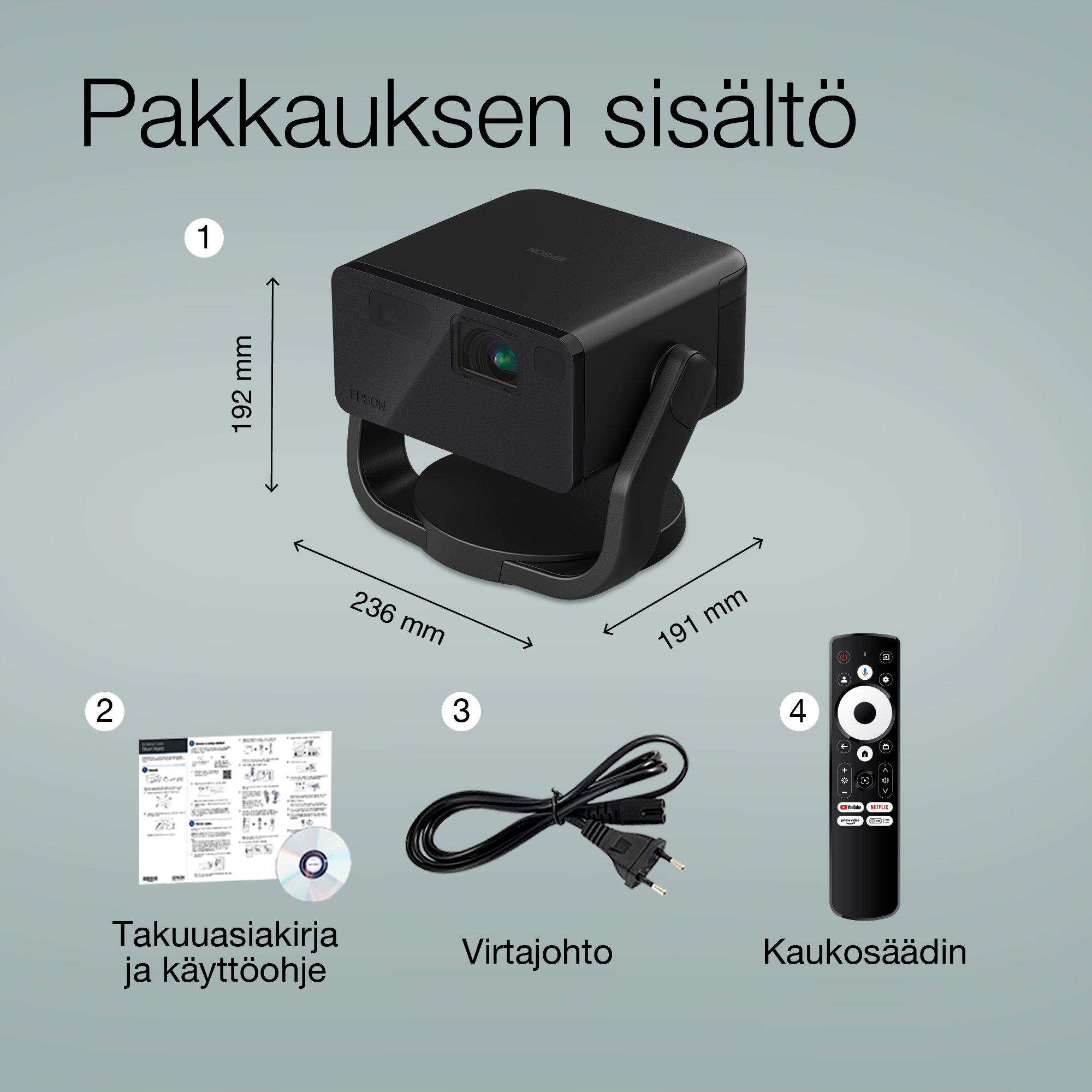 Epson EF-22B, Mini laserprojektori, 1 000 lumenia, jopa 150 tuuman näyttö, Google TV™ ja Bluetooth-kaiutin, kannettava, kiinteällä telineellä whats in the box
