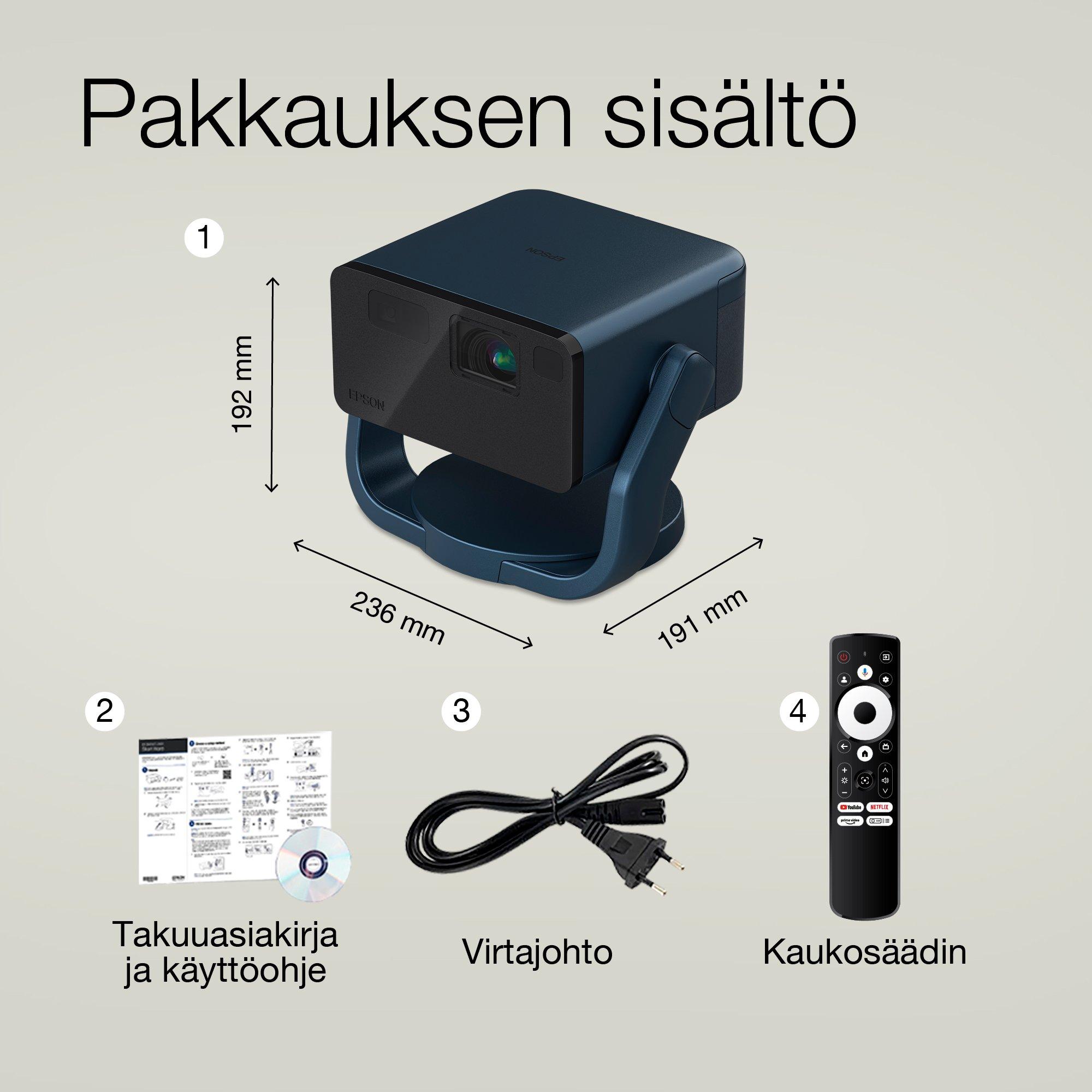 Epson EF-22N, Mini laserprojektori, 1 000 lumenia, jopa 150 tuuman näyttö, Google TV™ ja Bluetooth-kaiutin, kannettava, kiinteällä telineellä whats in the box