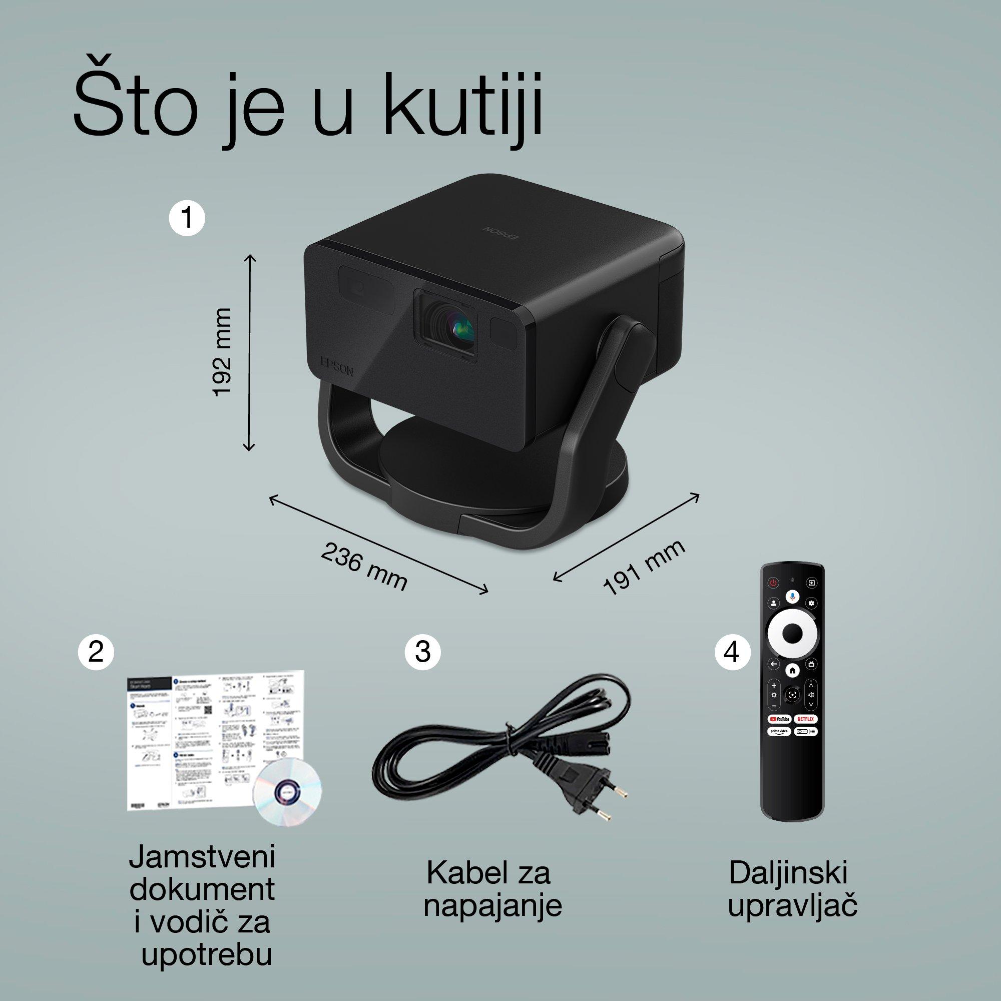 Epson EF-22B, mini laserski projektor, 1.000 lumena, zaslon do 150 inča, Google TV™ i Bluetooth zvučnik, prijenosni, fiksni stalak whats in the box