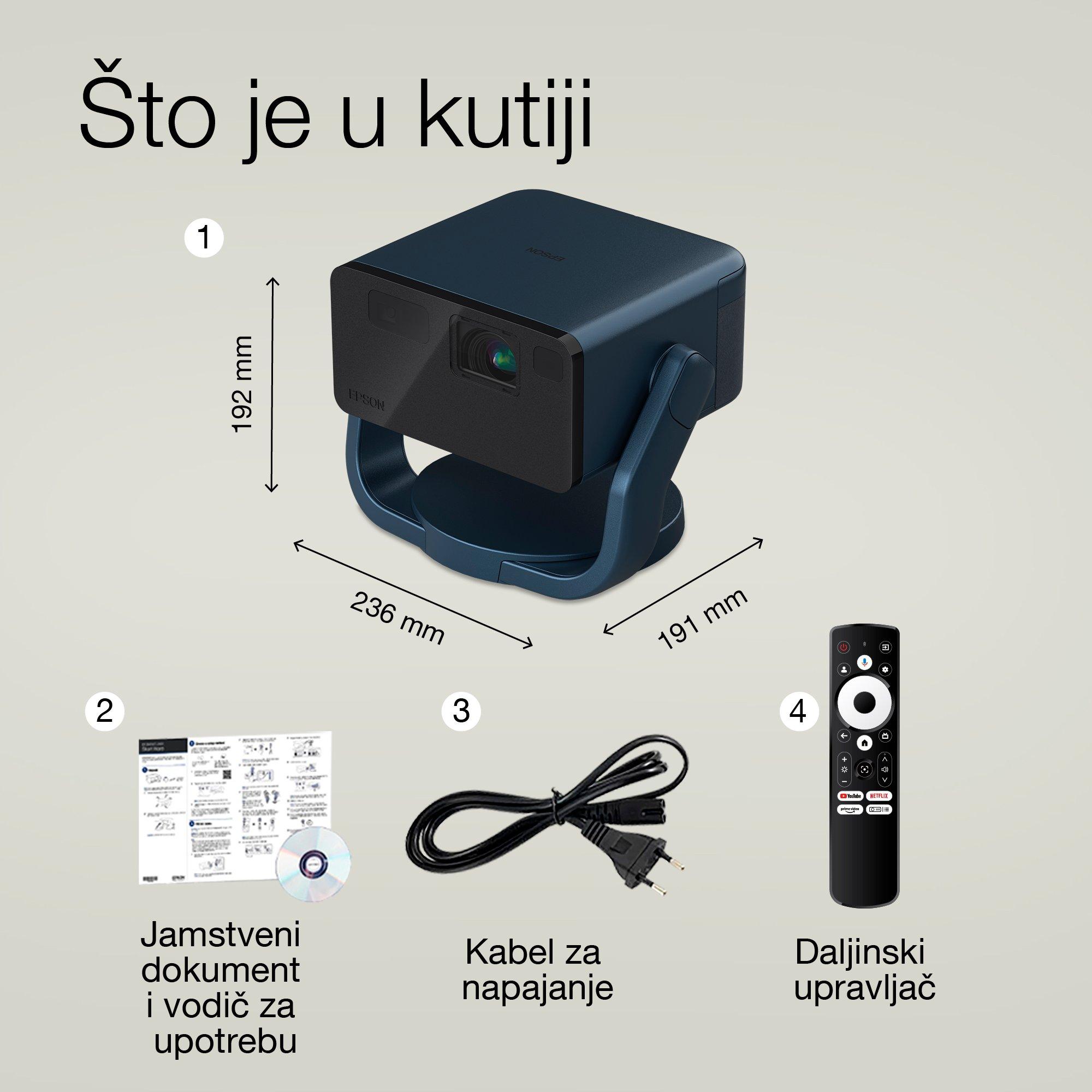 Epson EF-22N, mini laserski projektor, 1.000 lumena, zaslon do 150 inča, Google TV™ i Bluetooth zvučnik, prijenosni, fiksni stalak whats in the box