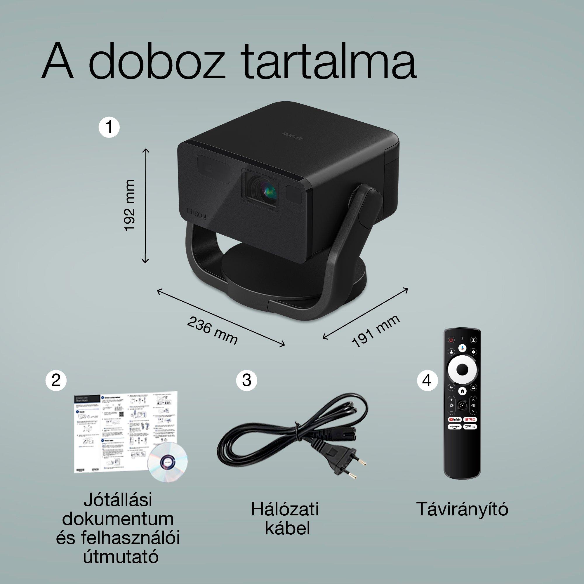 Epson EF-22B, mini lézerprojektor, 1 000 lumen, akár 150 hüvelykes kijelző, Google TV™ és Bluetooth hangszóró, hordozható, fix állvány whats in the box