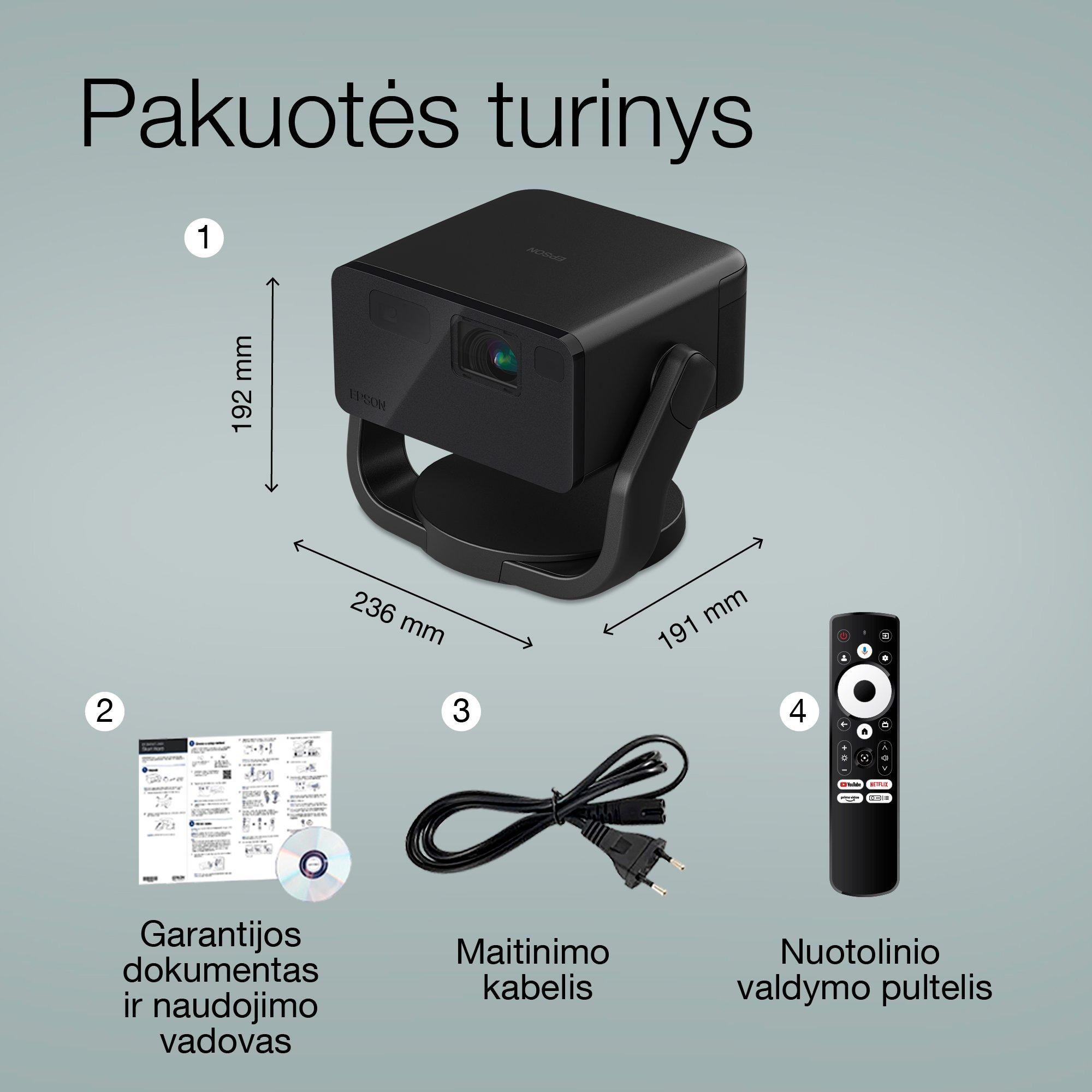 Epson EF-22B, mini lazerinis projektorius, 1 000 liumenų, iki 150 colių ekranas, Google TV™ ir „Bluetooth“ garsiakalbis, nešiojamas, fiksuotas stovelis whats in the box