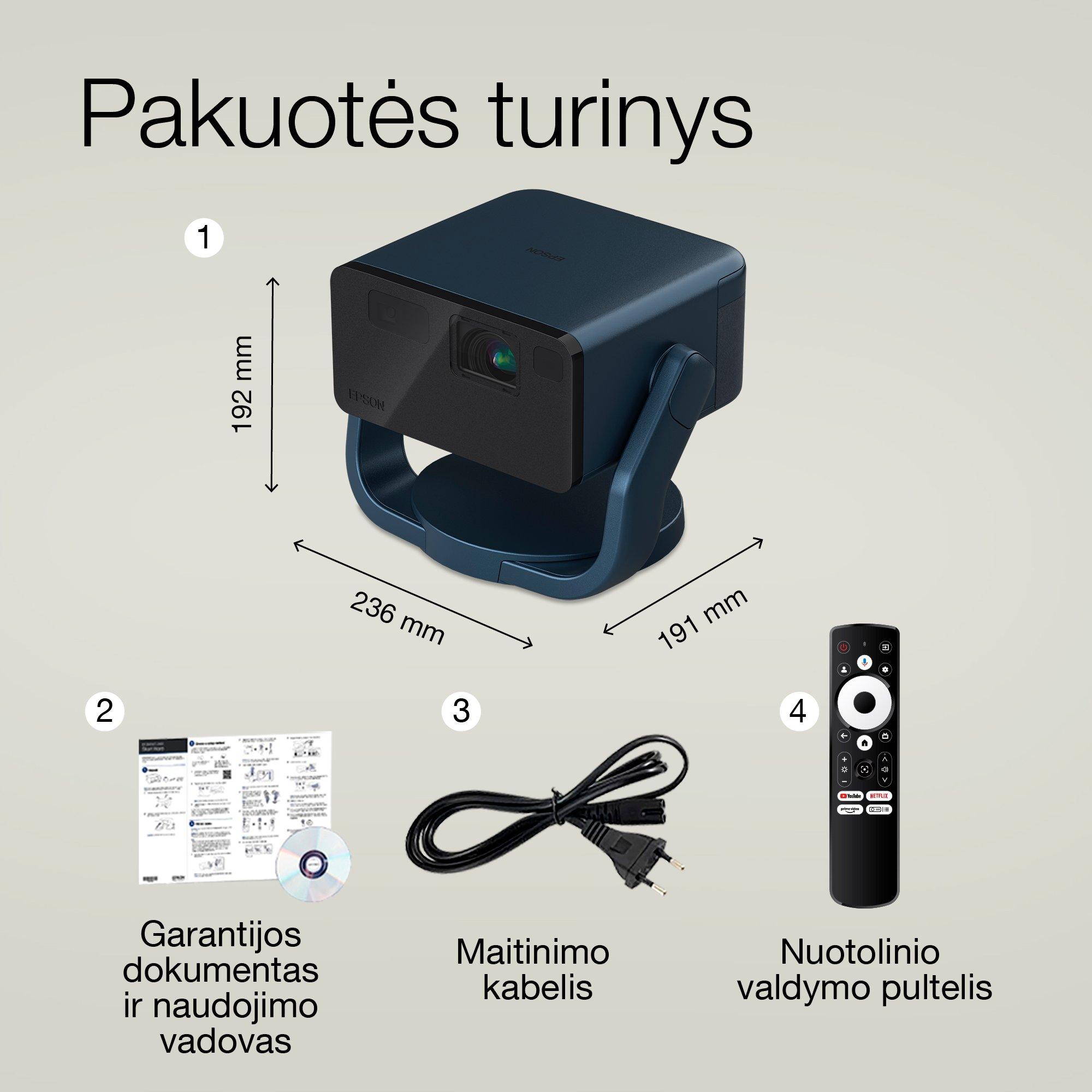 Epson EF-22N, mini lazerinis projektorius, 1 000 liumenų, iki 150 colių ekranas, Google TV™ ir „Bluetooth“ garsiakalbis, nešiojamas, fiksuotas stovelis whats in the box