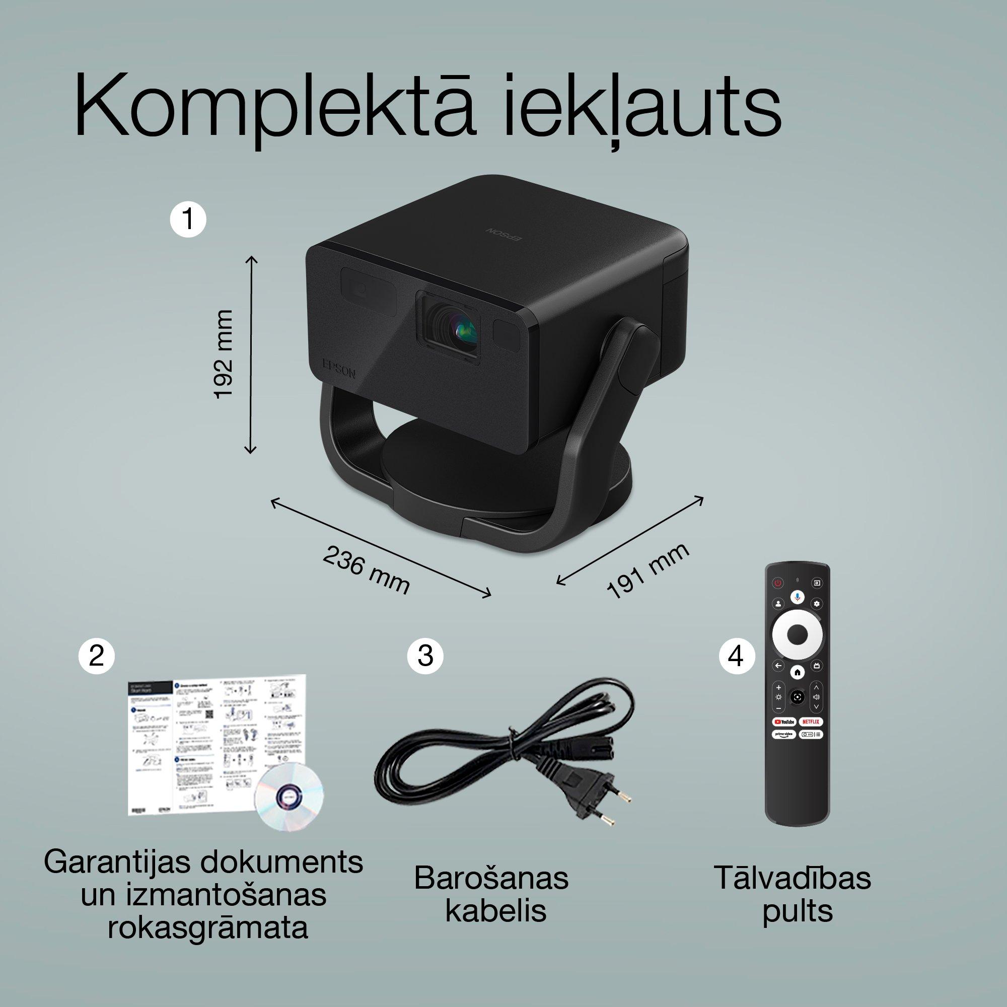 Epson EF-22B, mini lāzera projektors, 1 000 lūmenu, līdz 150 collu displejs, Google TV™ un Bluetooth skaļrunis, pārnēsājams, fiksēts statīvs whats in the box
