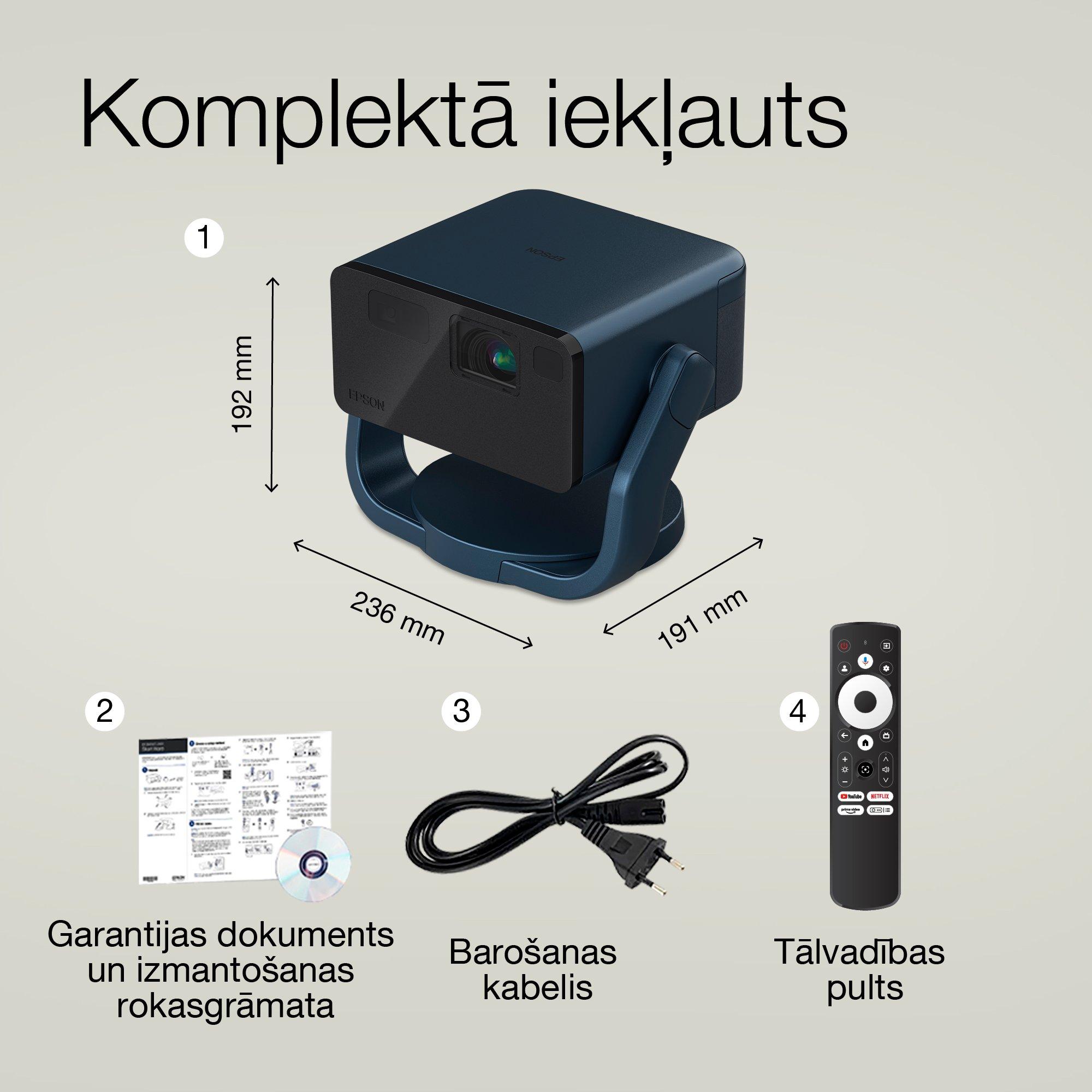 Epson EF-22N, mini lāzera projektors, 1 000 lūmenu, līdz 150 collu displejs, Google TV™ un Bluetooth skaļrunis, pārnēsājams, fiksēts statīvs whats in the box