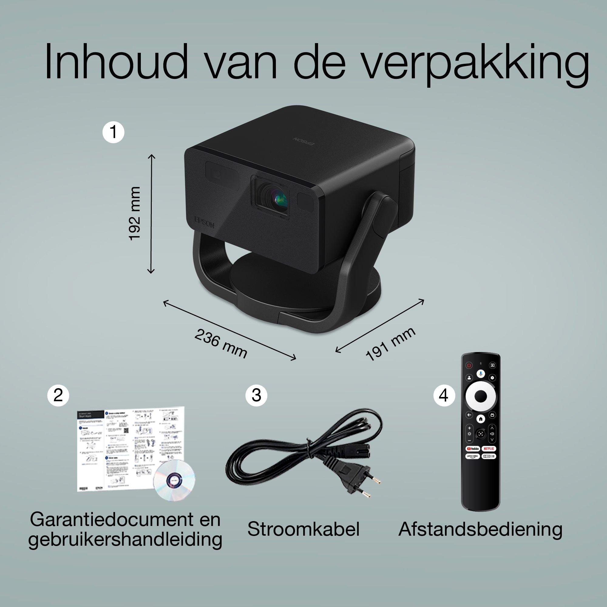Epson EF-22B, mini-laserprojector, 1.000 lumen, scherm tot 150 inch, Google TV™ en Bluetooth-luidspreker, draagbaar whats in the box