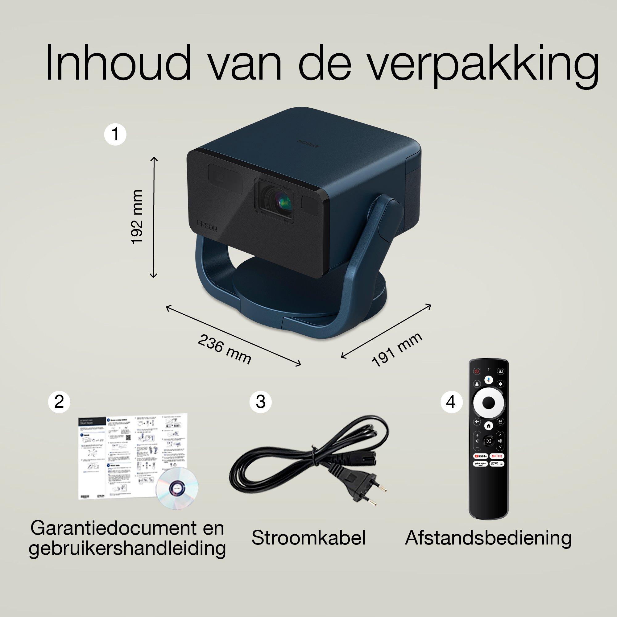 Epson EF-22N, mini-laserprojector, 1.000 lumen, scherm tot 150 inch, Google TV™ en Bluetooth-luidspreker, draagbaar whats in the box
