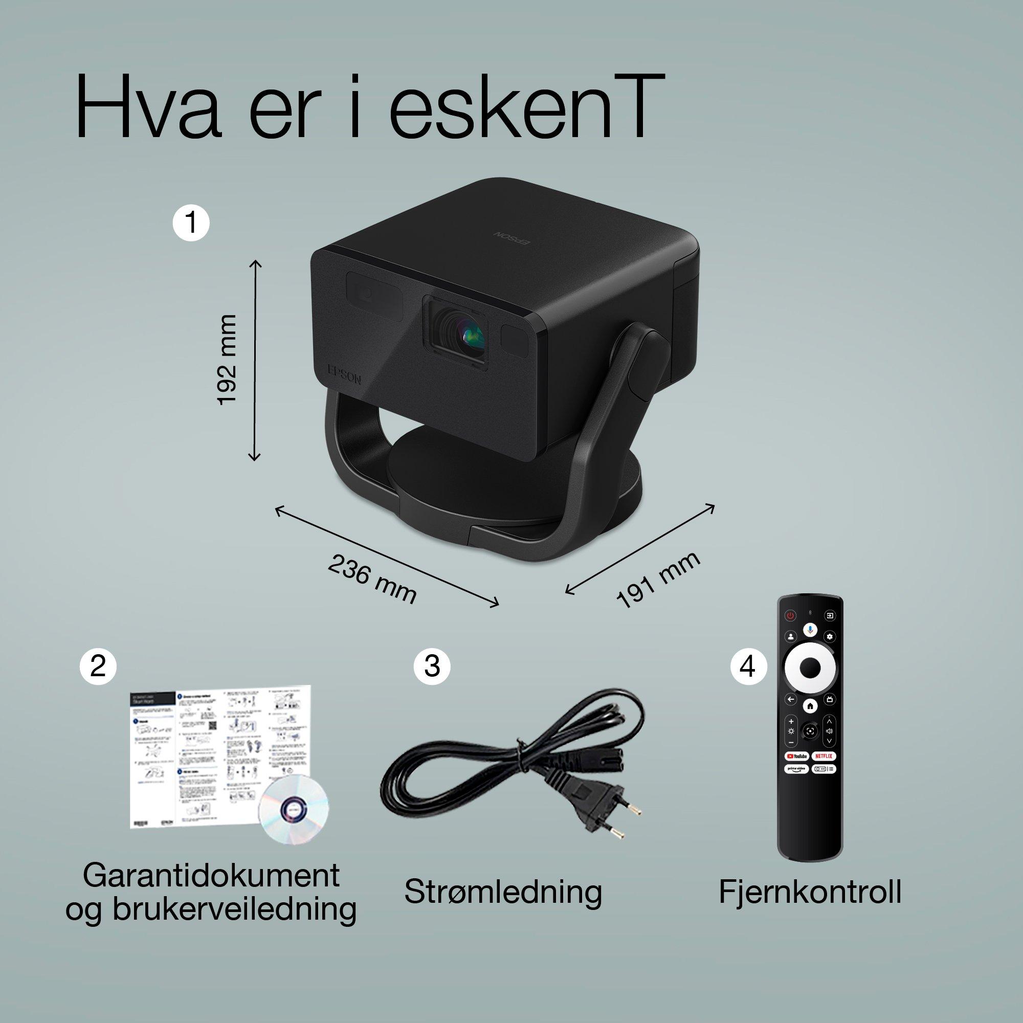Epson EF-22B, mini laserprojektor, 1 000 lumen, opptil 150 tommers skjerm, Google TV™ og Bluetooth-høyttaler, bærbar, fast stativ whats in the box