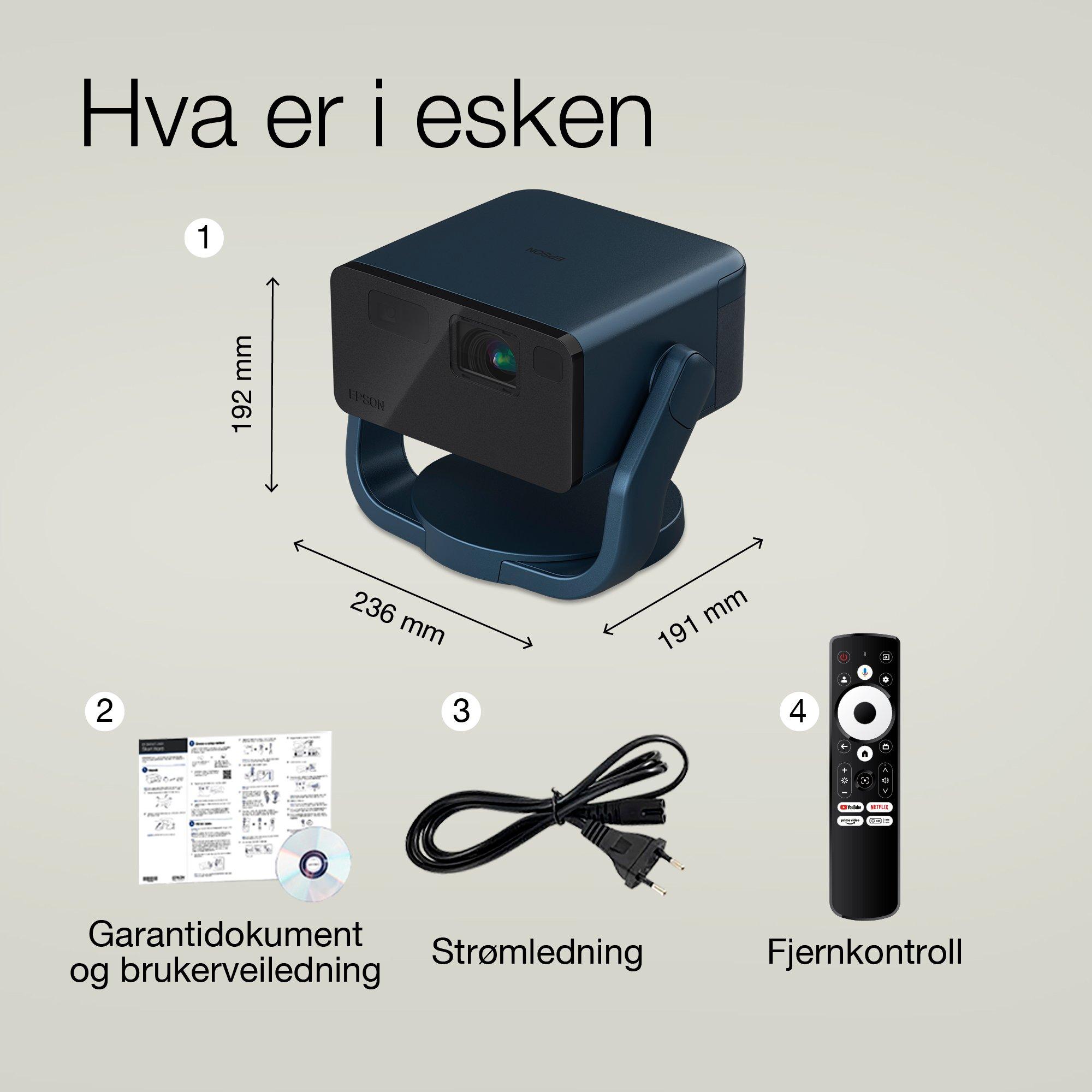 Epson EF-22N, mini laserprojektor, 1 000 lumen, opptil 150 tommers skjerm, Google TV™ og Bluetooth-høyttaler, bærbar, fast stativ whats in the box