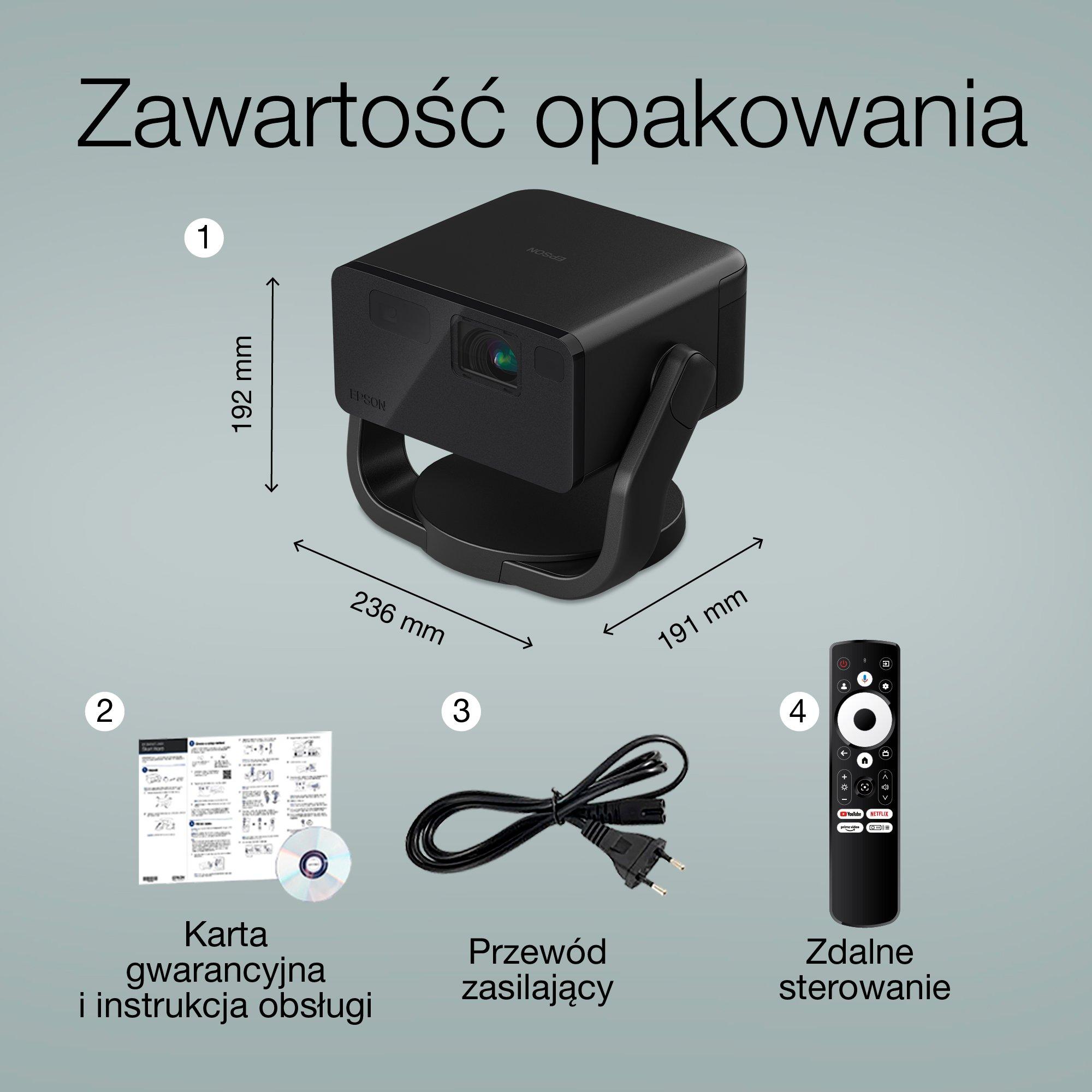Epson EF-22B, mini projektor laserowy, 1 000 lumenów, obraz do 150 cali, Google TV™ i głośnik Bluetooth, przenośny, stały stojak whats in the box