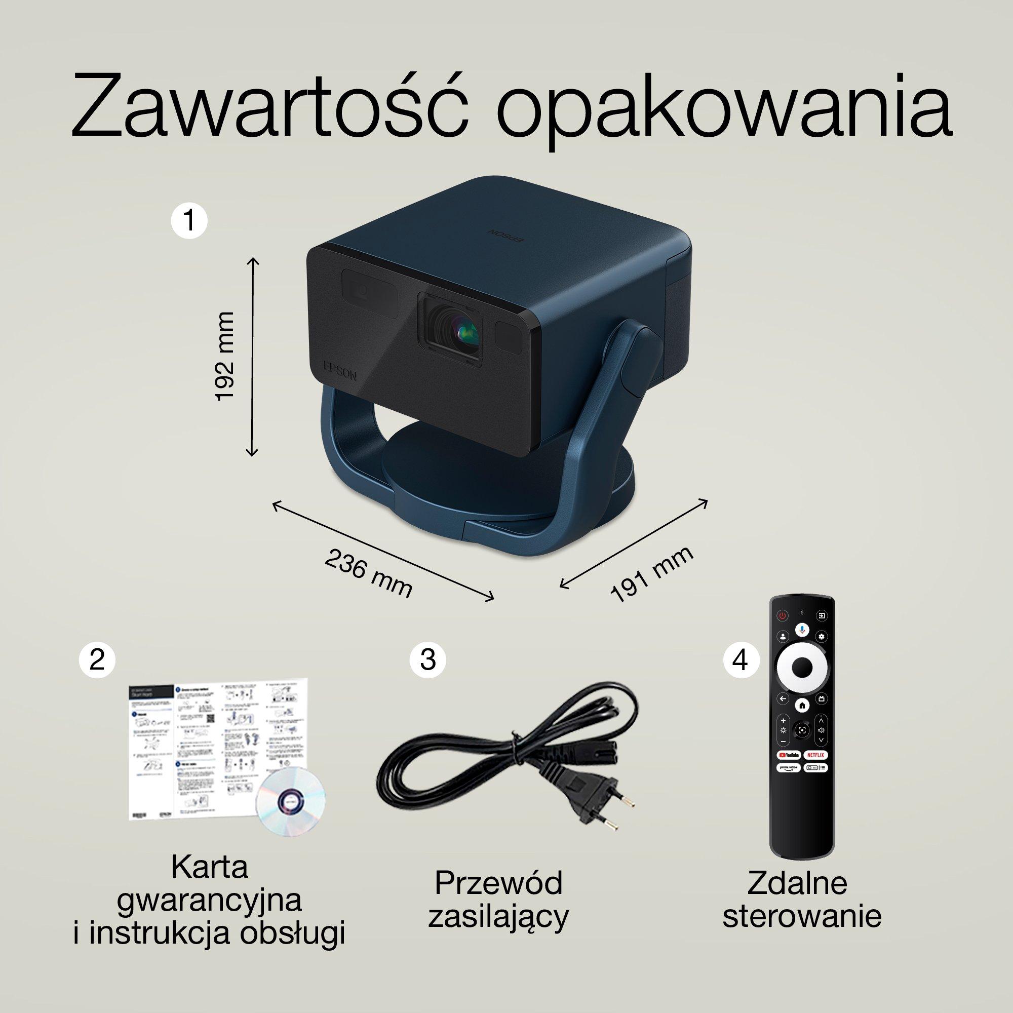 Epson EF-22N, mini projektor laserowy, 1 000 lumenów, obraz do 150 cali, Google TV™ i głośnik Bluetooth, przenośny, stały stojak whats in the box