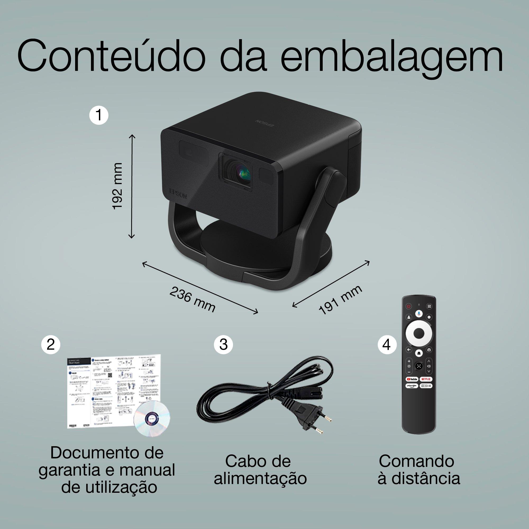 Epson EF-22B. Mini Projetor Laser, 1.000 Lúmenes, Ecrã até 150 Polegadas, Google TV™ e Altifalante Bluetooth, Portátil, Suporte Fixo whats in the box