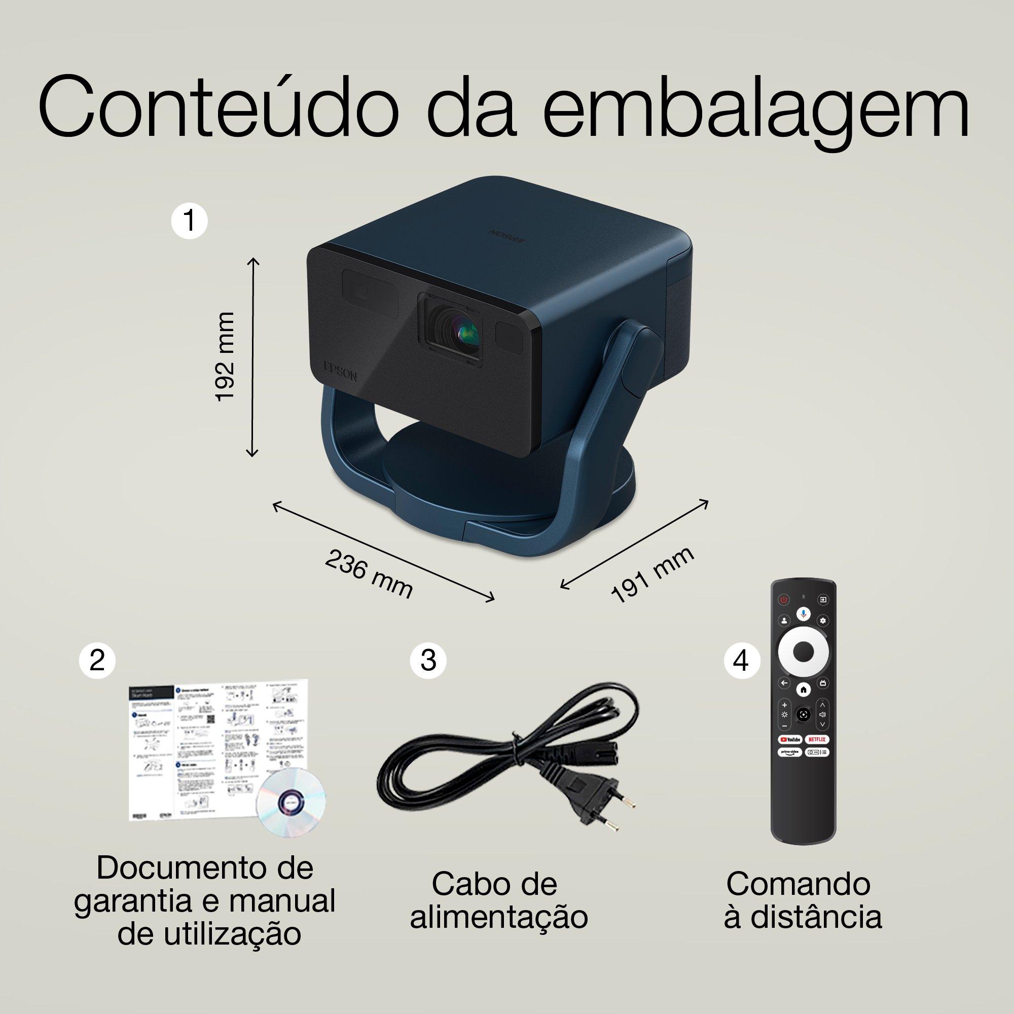 Epson EF-22N, Mini Projetor Laser, 1.000 Lúmenes, Ecrã até 150 Polegadas, Google TV™ e Altifalante Bluetooth, Portátil, Suporte Fixo whats in the box