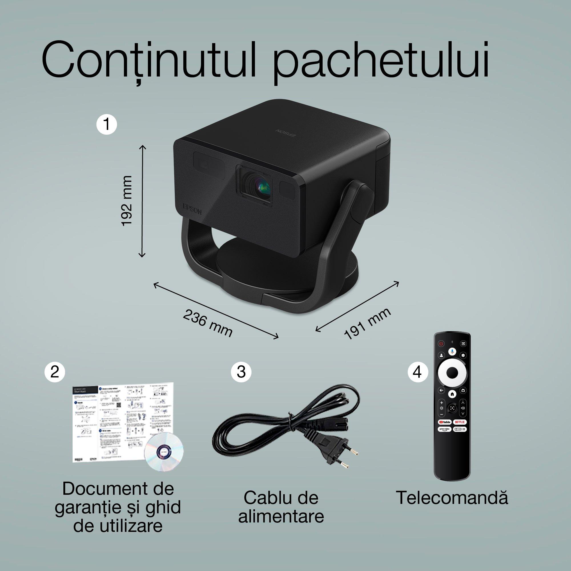 Epson EF-22B, mini proiector laser, 1.000 lumeni, ecran de până la 150 inci, Google TV™ și difuzor Bluetooth, portabil, suport fix whats in the box