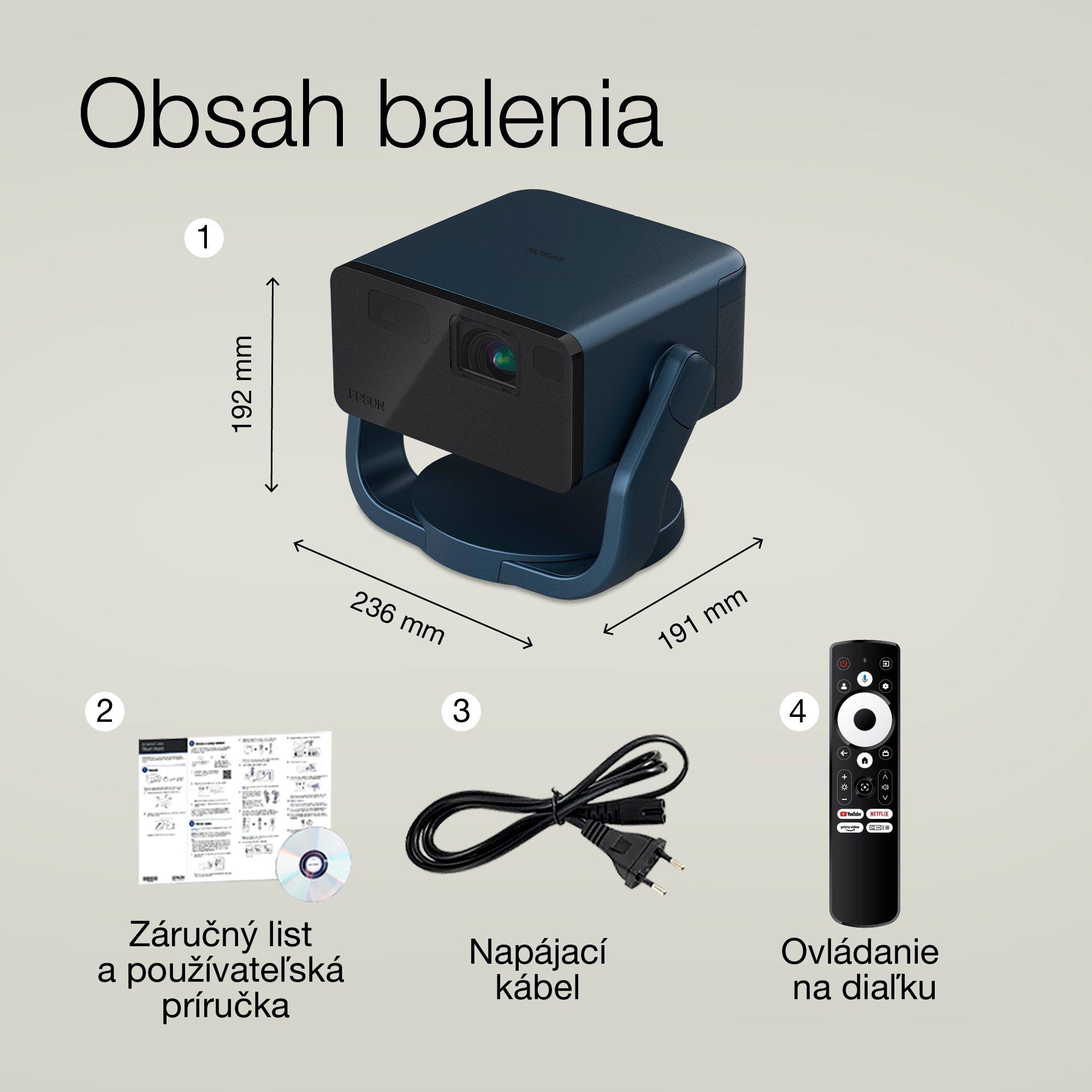 Epson EF-22N, mini laserový projektor, 1 000 lúmenov, displej až do 150 palcov, Google TV™ a Bluetooth reproduktor, prenosný, pevný stojan whats in the box