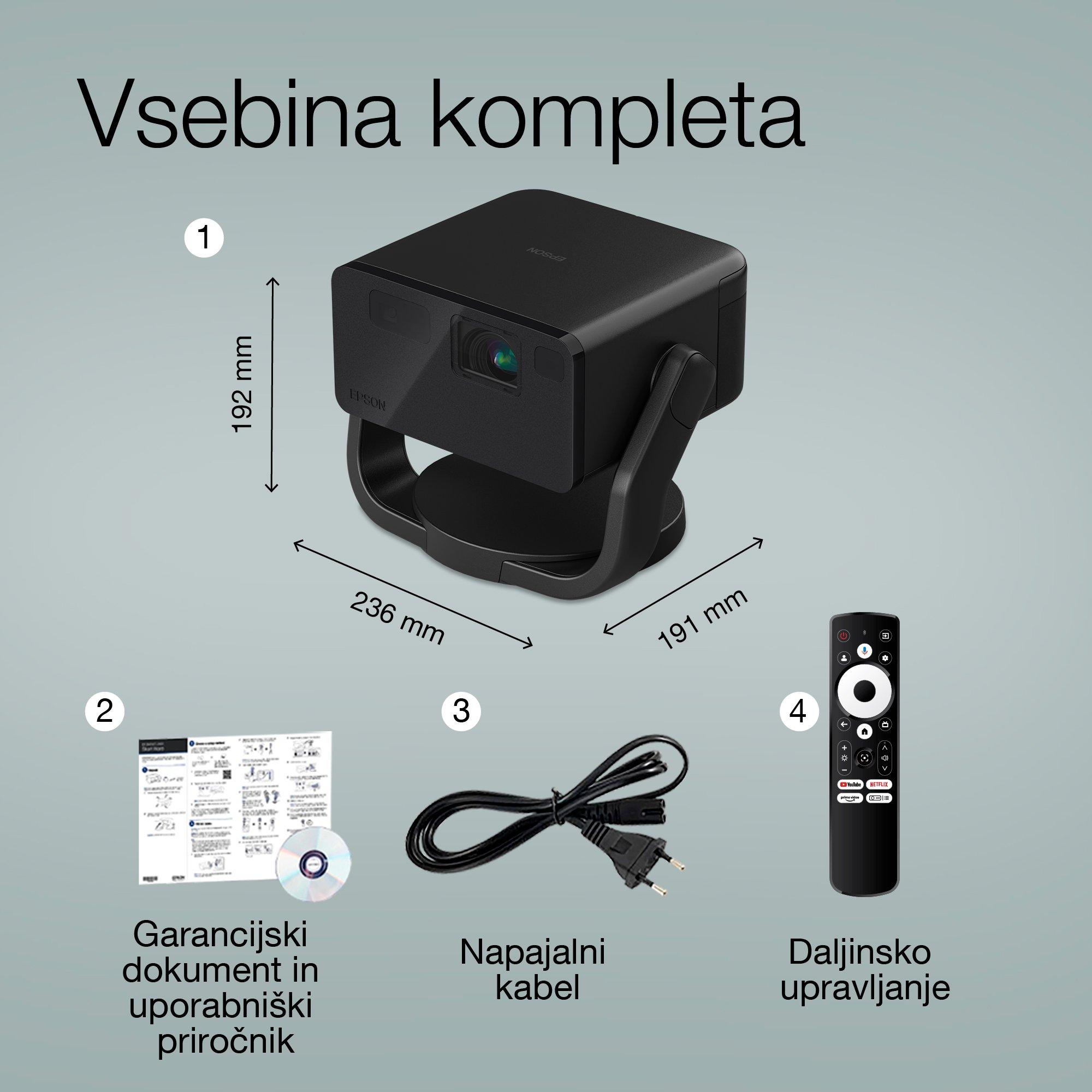 Epson EF-22B, mini laserski projektor, 1.000 lumnov, zaslon do 150 palcev, Google TV™ in Bluetooth zvočnik, prenosljiv, fiksno stojalo whats in the box