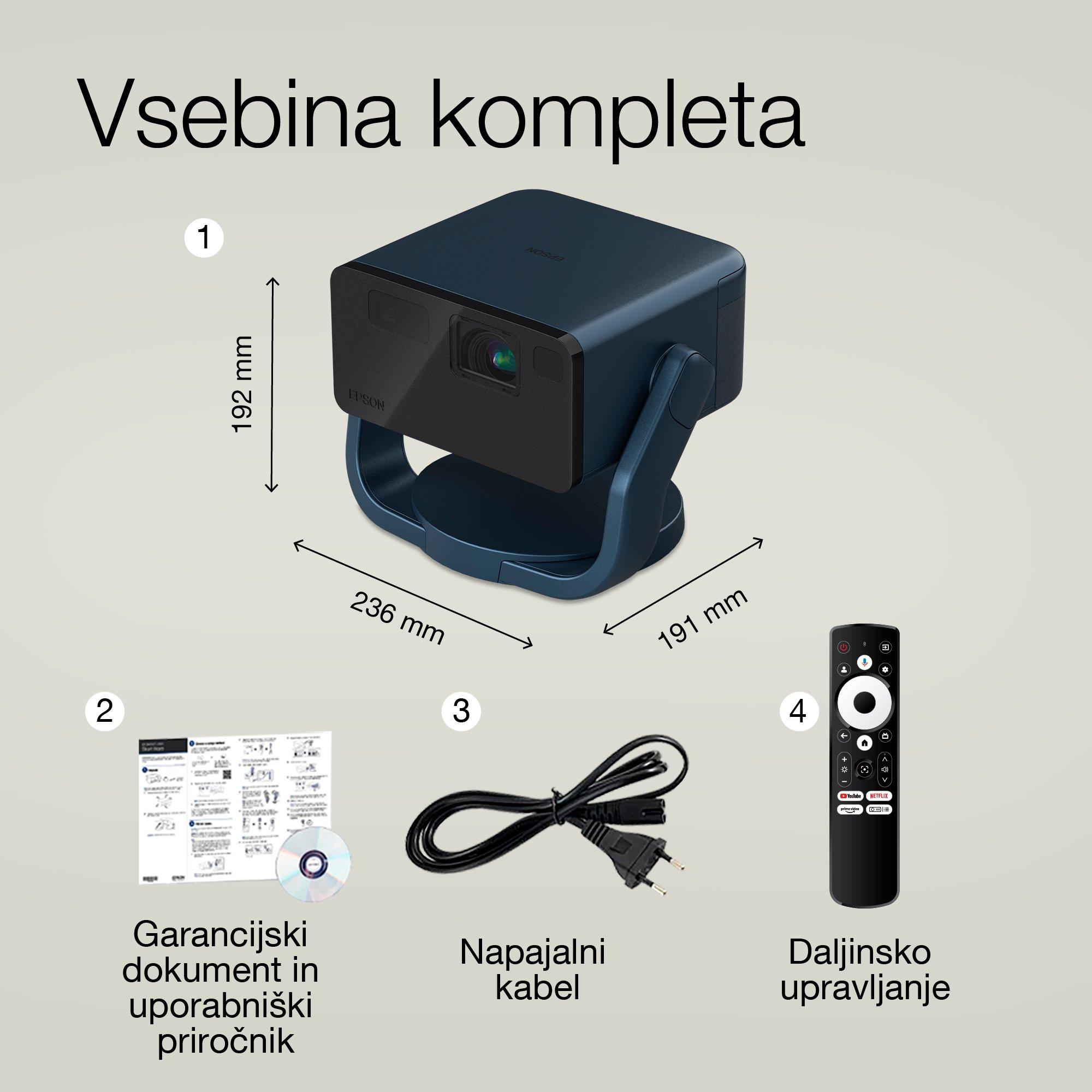 Epson EF-22N, mini laserski projektor, 1.000 lumnov, zaslon do 150 palcev, Google TV™ in Bluetooth zvočnik, prenosljiv, fiksno stojalo whats in the box