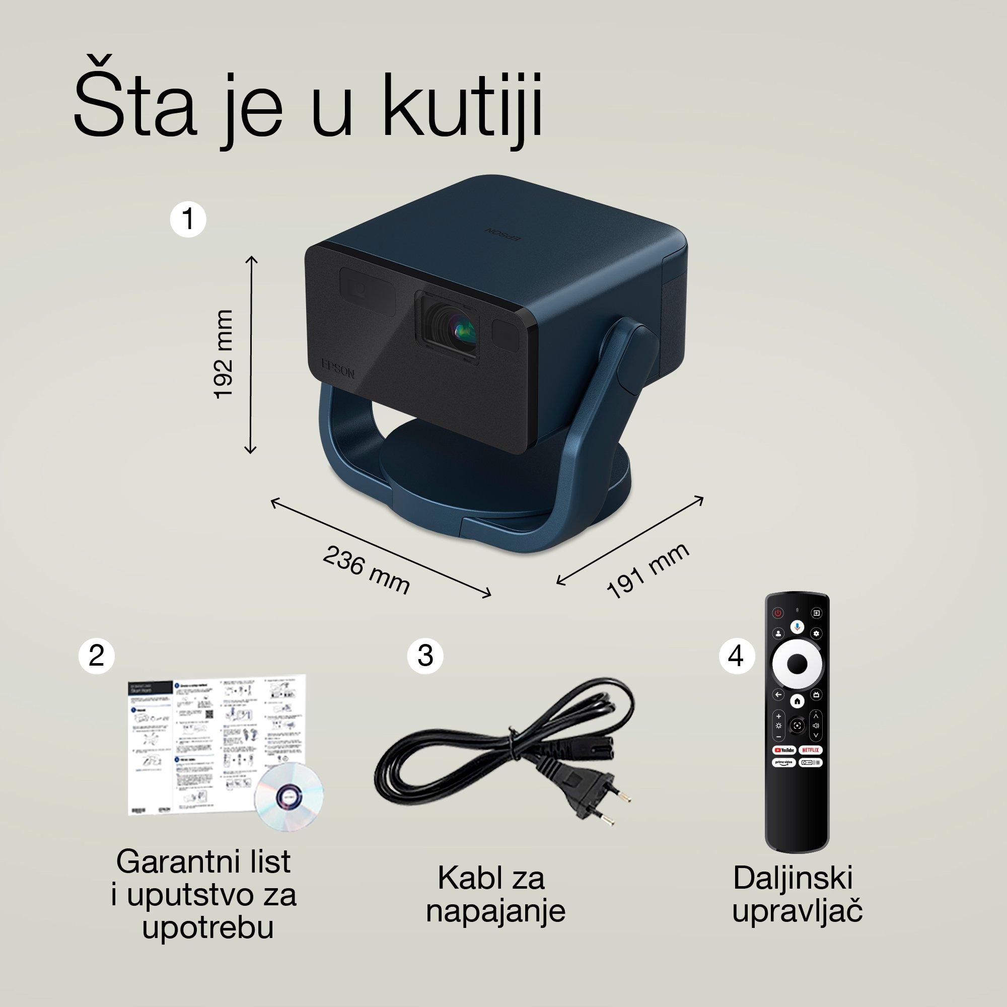 Epson EF-22N, mini laserski projektor, 1.000 lumena, ekran do 150 inča, Google TV™ i Bluetooth zvučnik, prenosiv, fiksni stalak whats in the box