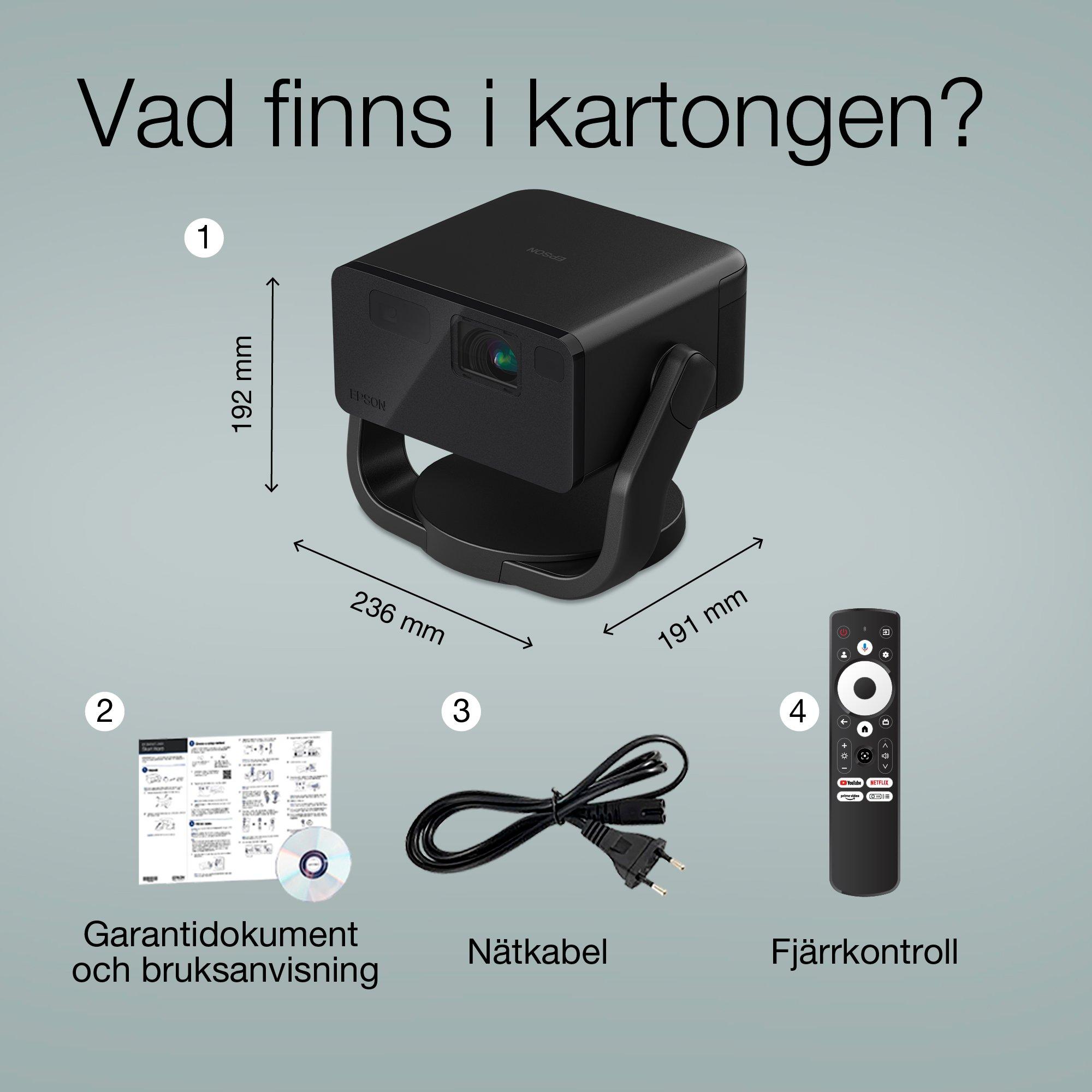 Epson EF-22B minilaserprojektor, 1 000 lumen, upp till 150-tumsbild, Google TV™ och Bluetooth-högtalare, bärbar whats in the box