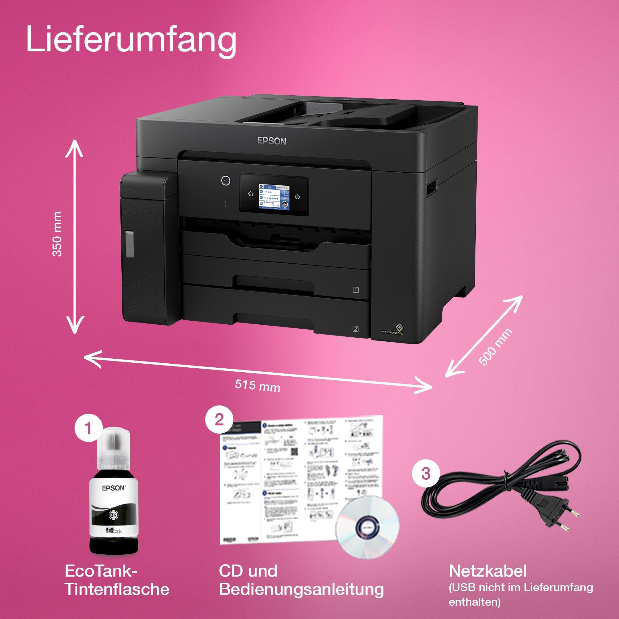 EcoTank ET-M16600 A3-Schwarzweiß-Multifunktionstintentankdrucker mit Wi-Fi, Scan-, Kopier- und Faxfunktion whats in the box