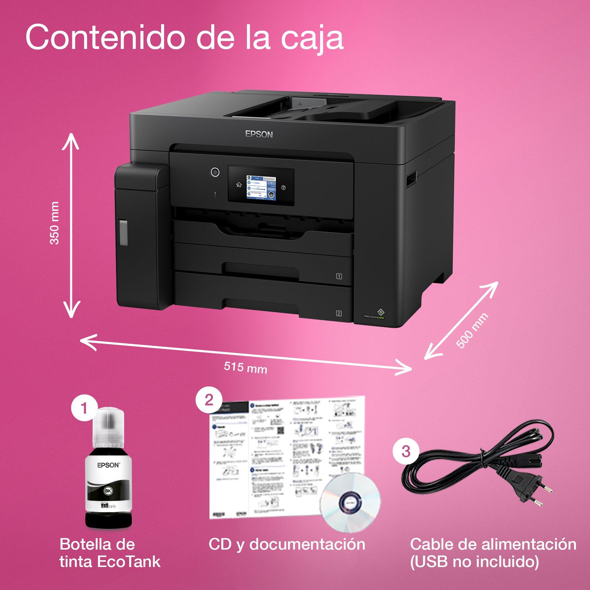 Impresora multifunción EcoTank ET-M16600 A3 monocromo con depósito de tinta, conexión Wi-Fi y funciones de escaneado y copia whats in the box