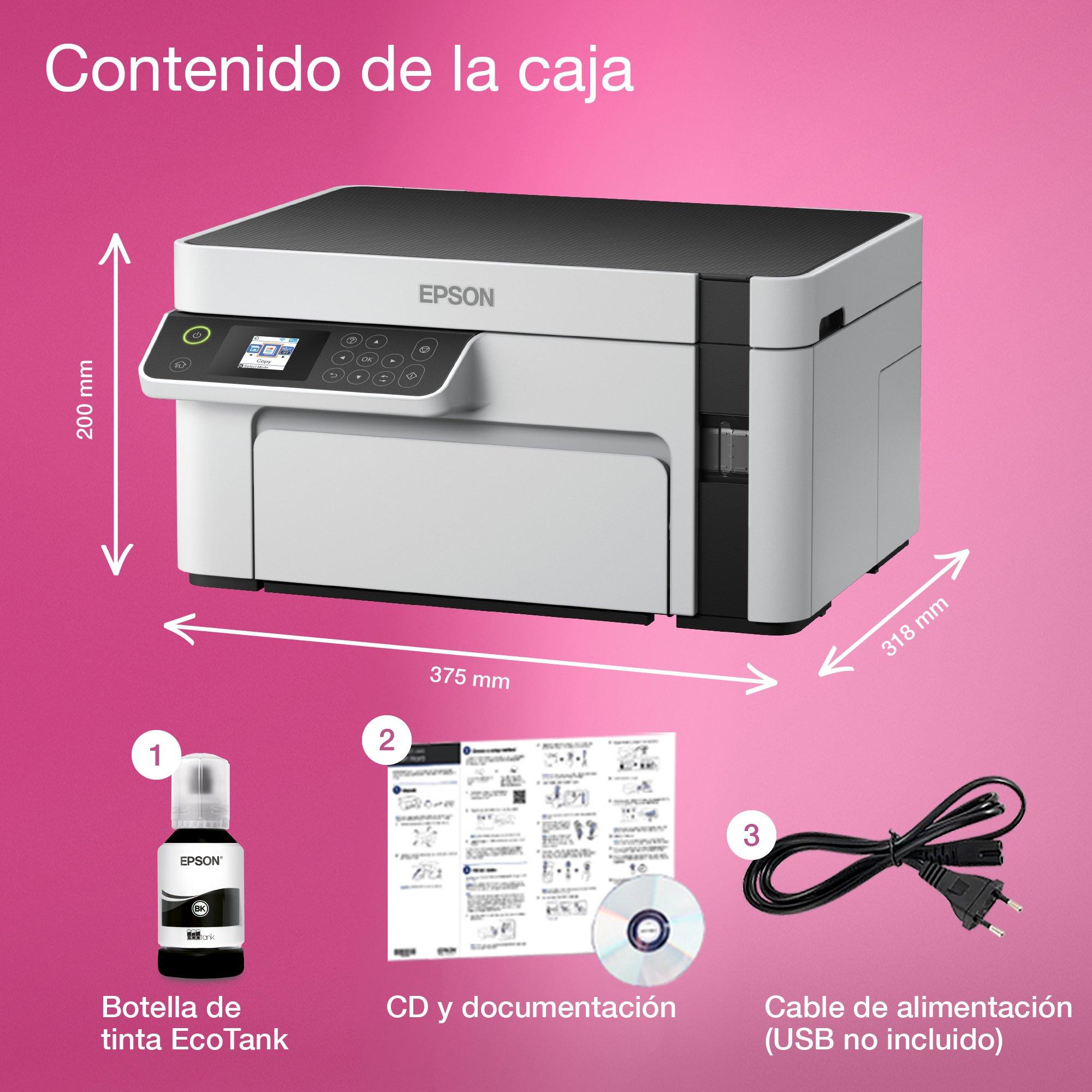 Impresora multifunción EcoTank ET-M2120 A4 monocromo con depósito de tinta y conexión Wi-Fi whats in the box